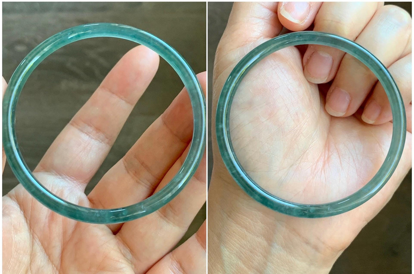 Certified Natural Grade A Guatemalan Icy Highly Translucent Light Teal Green Jade Jadeite Slim Bangle 57.63mm 7.12” 天然冰胶危蓝绿翡翠细圆条手镯 8813