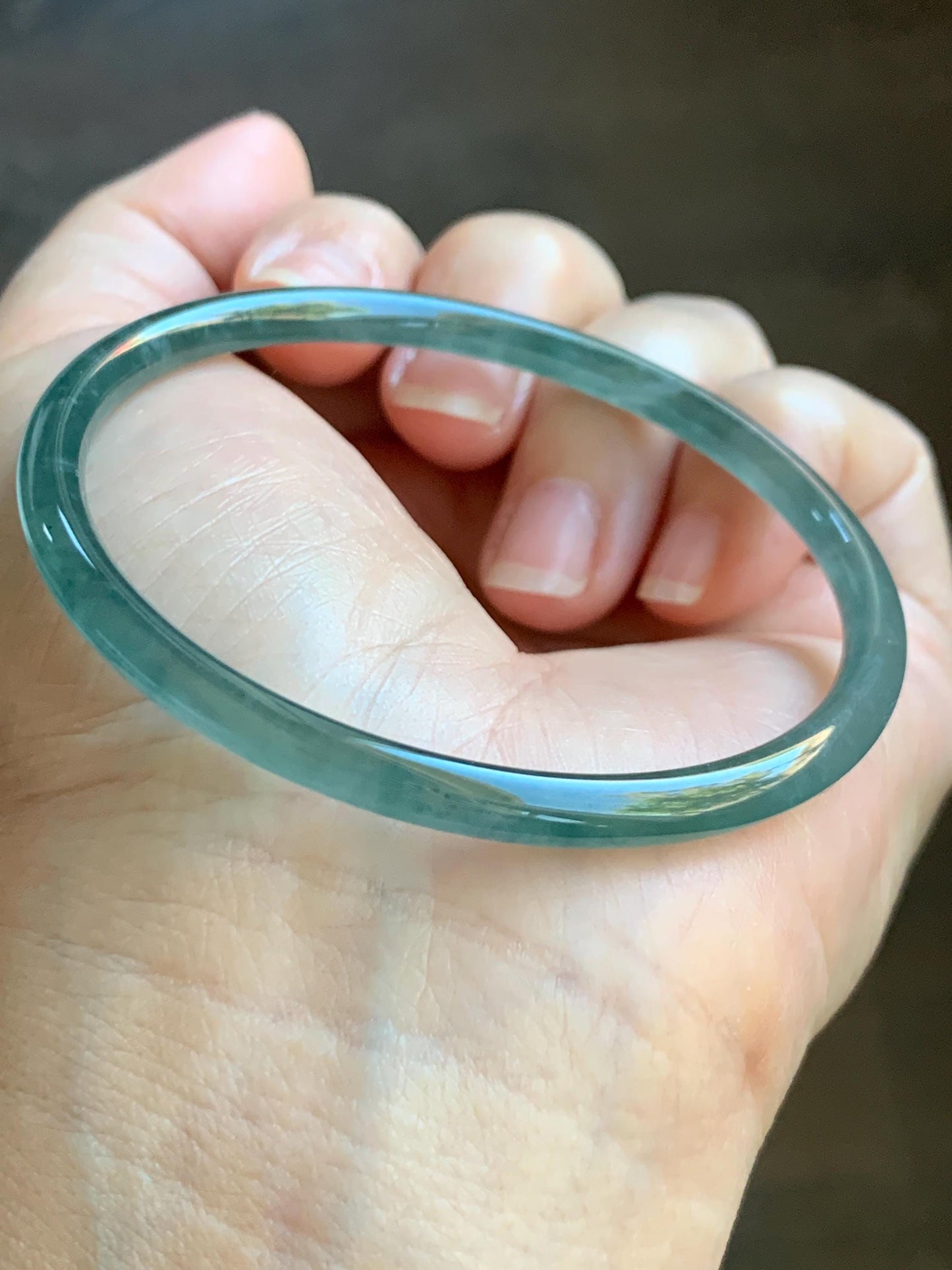 Certified Natural Grade A Guatemalan Icy Highly Translucent Light Teal Green Jade Jadeite Slim Bangle 57.63mm 7.12” 天然冰胶危蓝绿翡翠细圆条手镯 8813