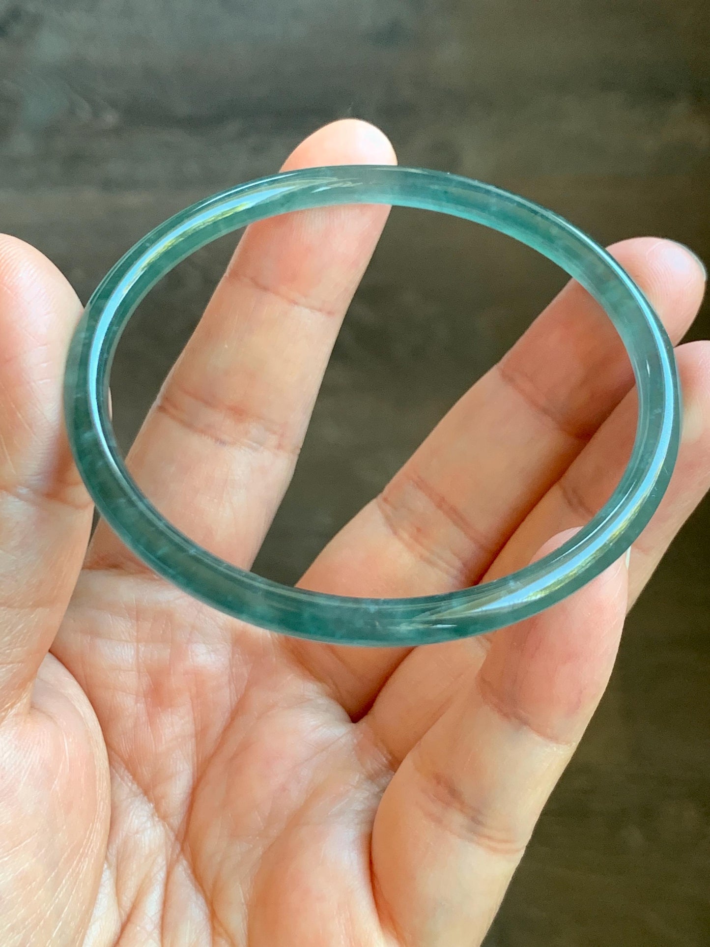Certified Natural Grade A Guatemalan Icy Highly Translucent Light Teal Green Jade Jadeite Slim Bangle 57.63mm 7.12” 天然冰胶危蓝绿翡翠细圆条手镯 8813