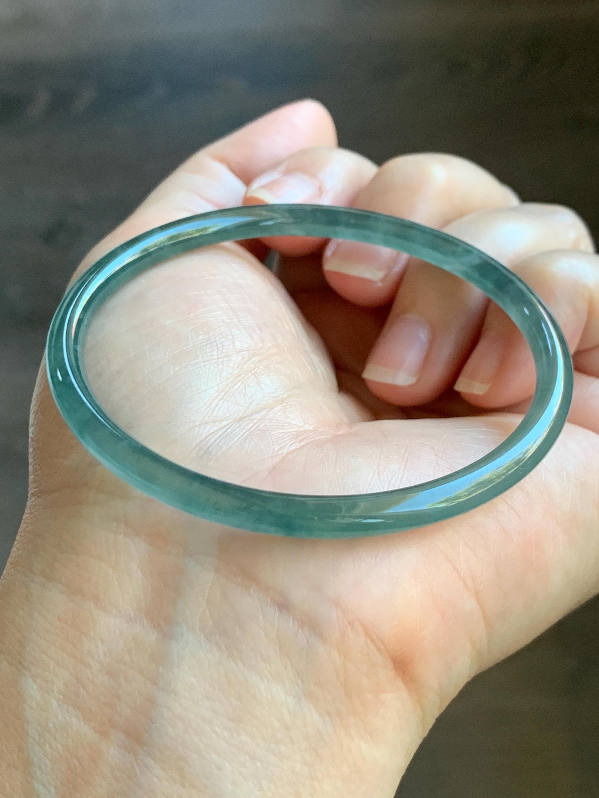 Certified Natural Grade A Guatemalan Icy Highly Translucent Light Teal Green Jade Jadeite Slim Bangle 57.63mm 7.12” 天然冰胶危蓝绿翡翠细圆条手镯 8813