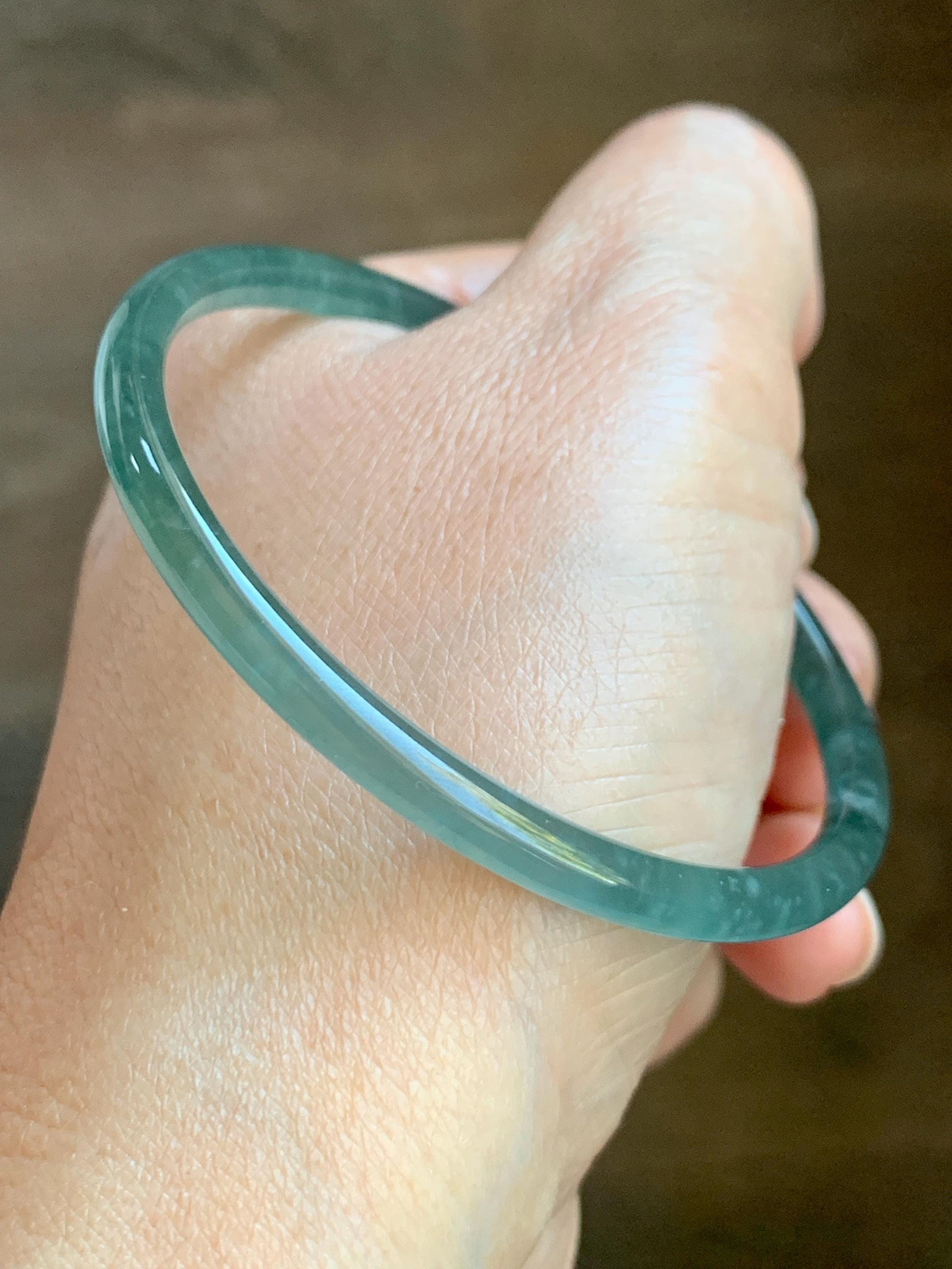 Certified Natural Grade A Guatemalan Icy Highly Translucent Light Teal Green Jade Jadeite Slim Bangle 57.63mm 7.12” 天然冰胶危蓝绿翡翠细圆条手镯 8813