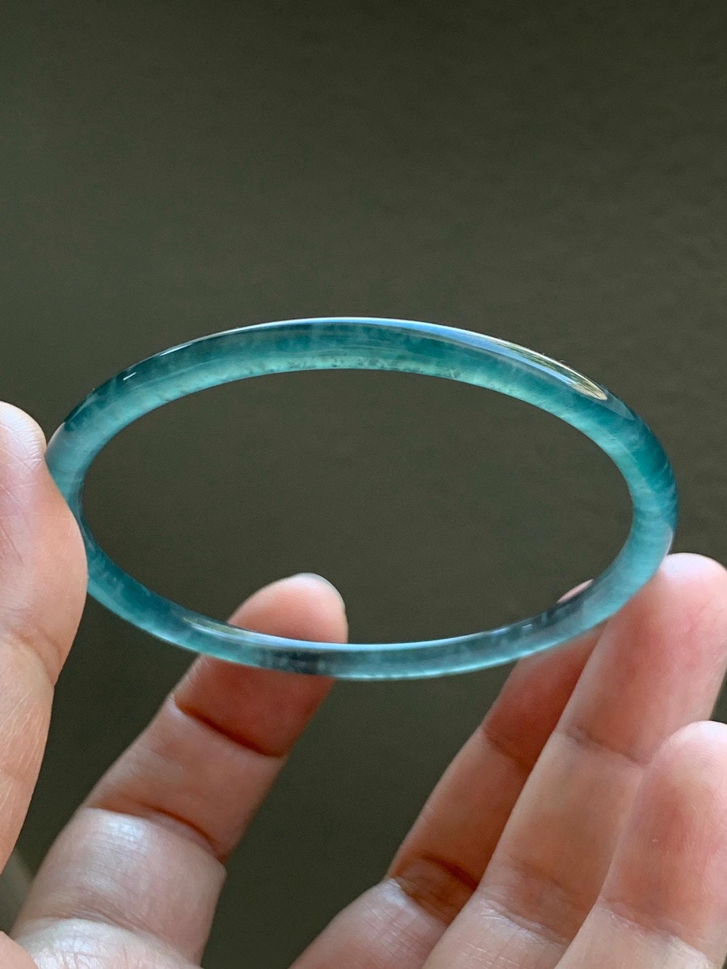 Certified Natural Grade A Guatemalan Icy Highly Translucent Light Teal Green Jade Jadeite Slim Bangle 57.7mm 7.13” 天然冰胶危蓝绿翡翠细圆条手镯 8812