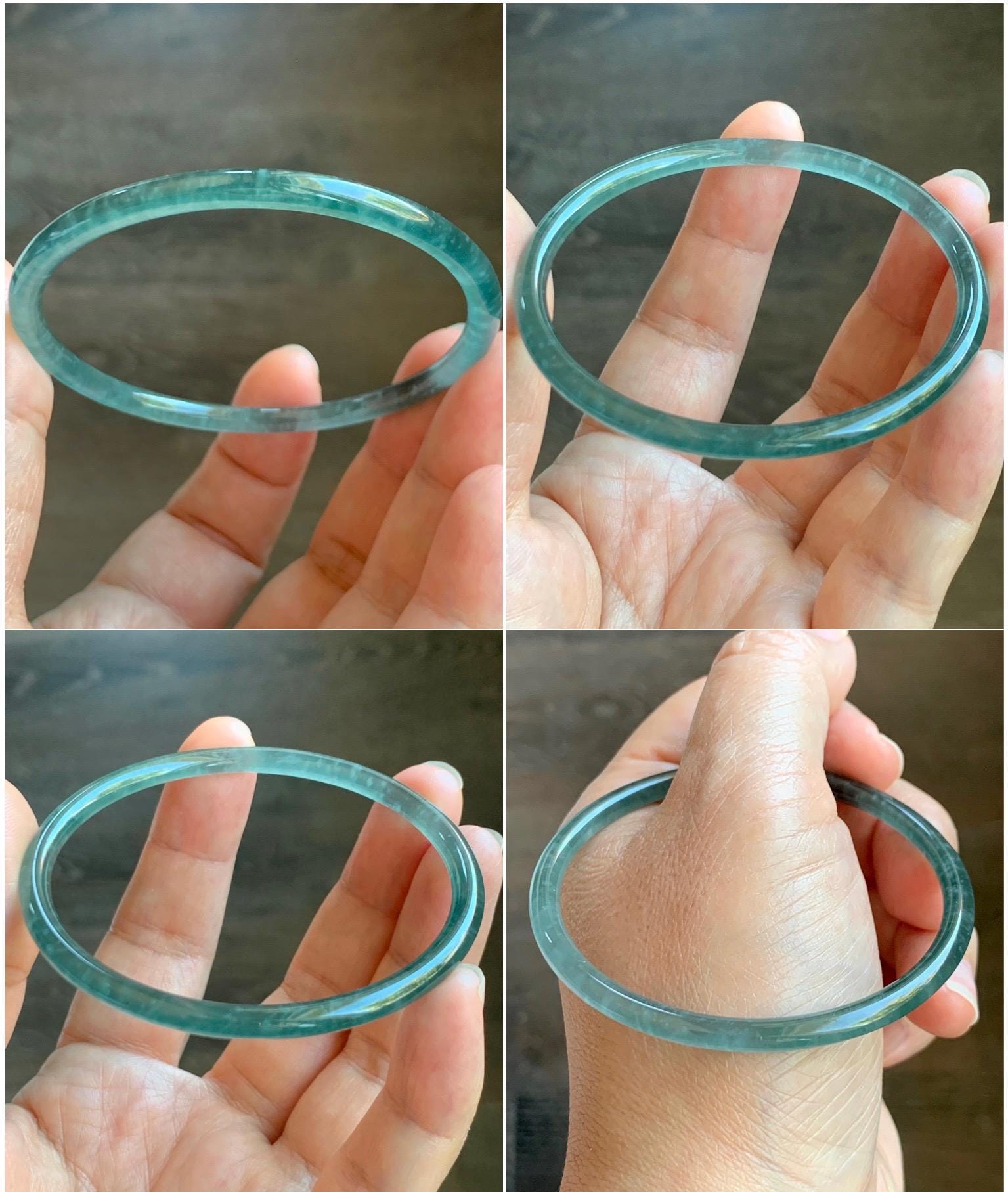 Certified Natural Grade A Guatemalan Icy Highly Translucent Light Teal Green Jade Jadeite Slim Bangle 57.7mm 7.13” 天然冰胶危蓝绿翡翠细圆条手镯 8812