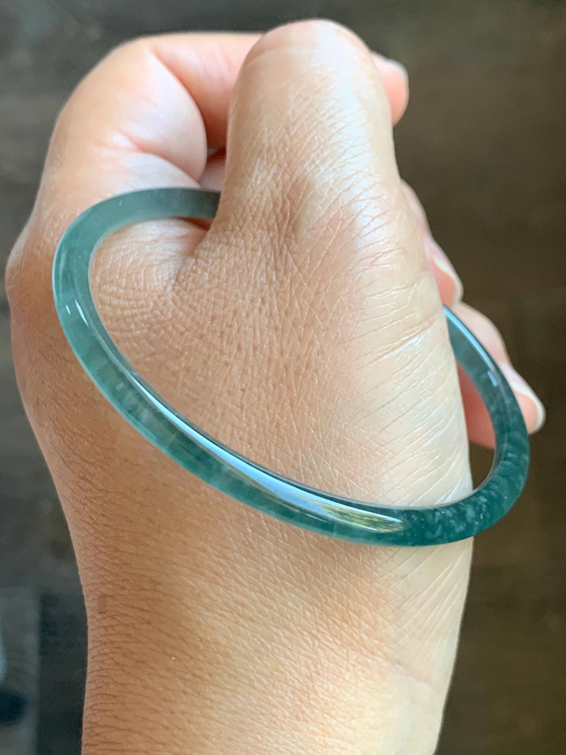 Certified Natural Grade A Guatemalan Icy Highly Translucent Light Teal Green Jade Jadeite Slim Bangle 57.7mm 7.13” 天然冰胶危蓝绿翡翠细圆条手镯 8812