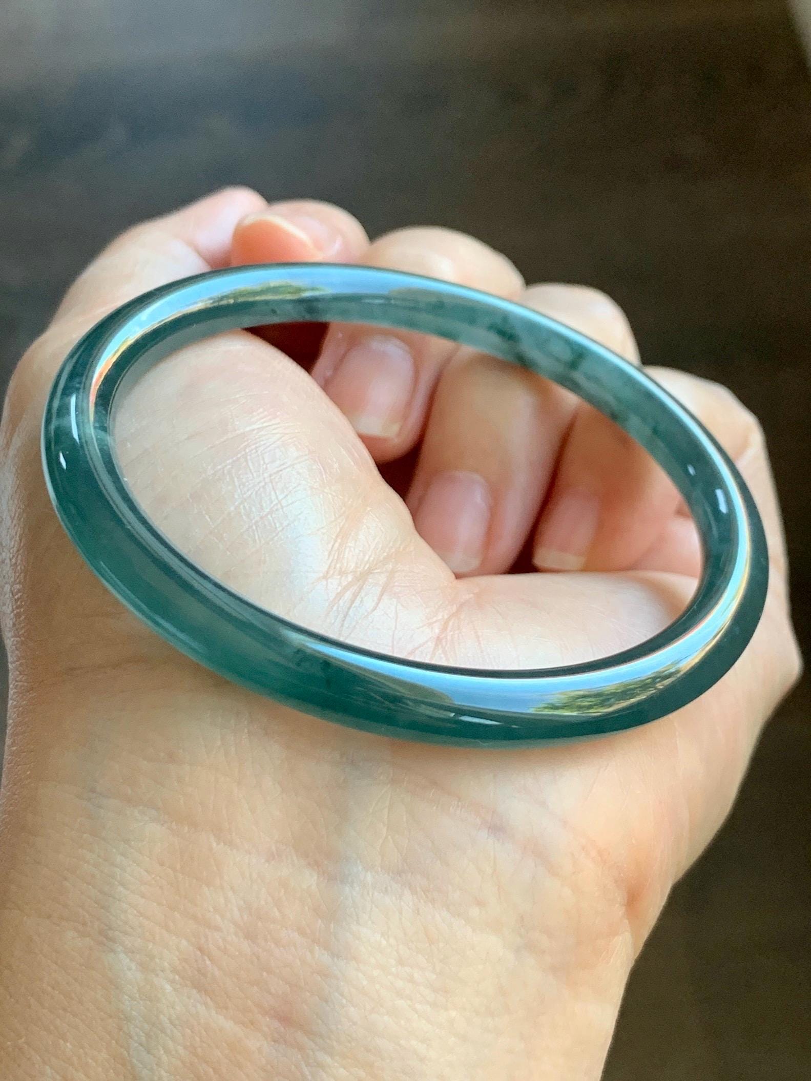 Certified Natural Grade A Guatemalan Icy Highly Translucent Dark Teal Blue Marbled Jade Jadeite Bangle 56.65mm 7” 天然冰胶危深蓝飘花翡翠圆条手镯 8800