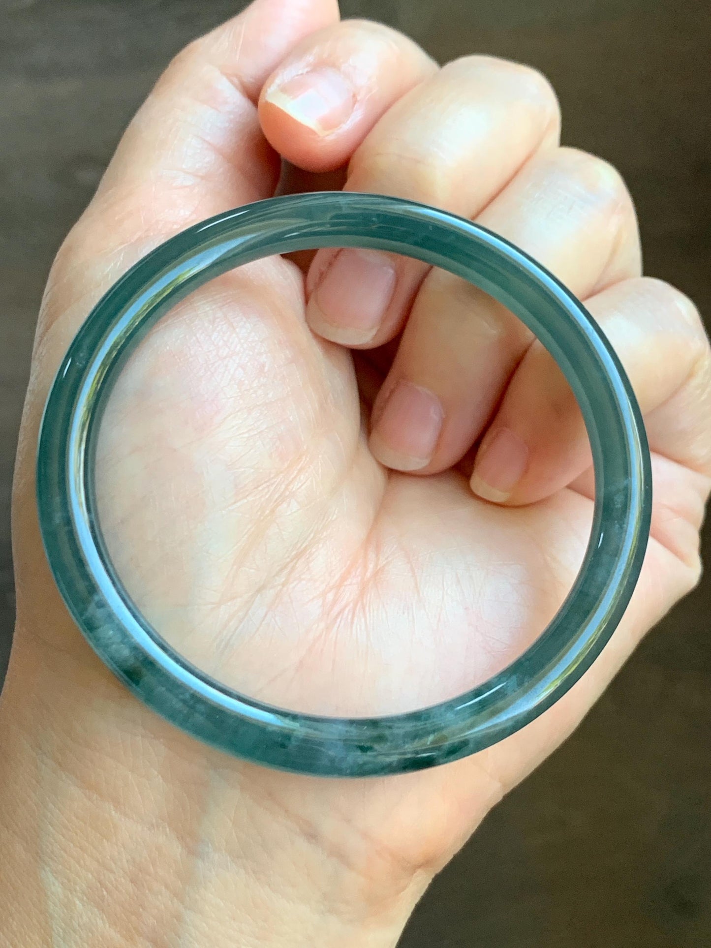 Certified Natural Grade A Guatemalan Icy Highly Translucent Dark Teal Blue Marbled Jade Jadeite Bangle 56.65mm 7” 天然冰胶危深蓝飘花翡翠圆条手镯 8800