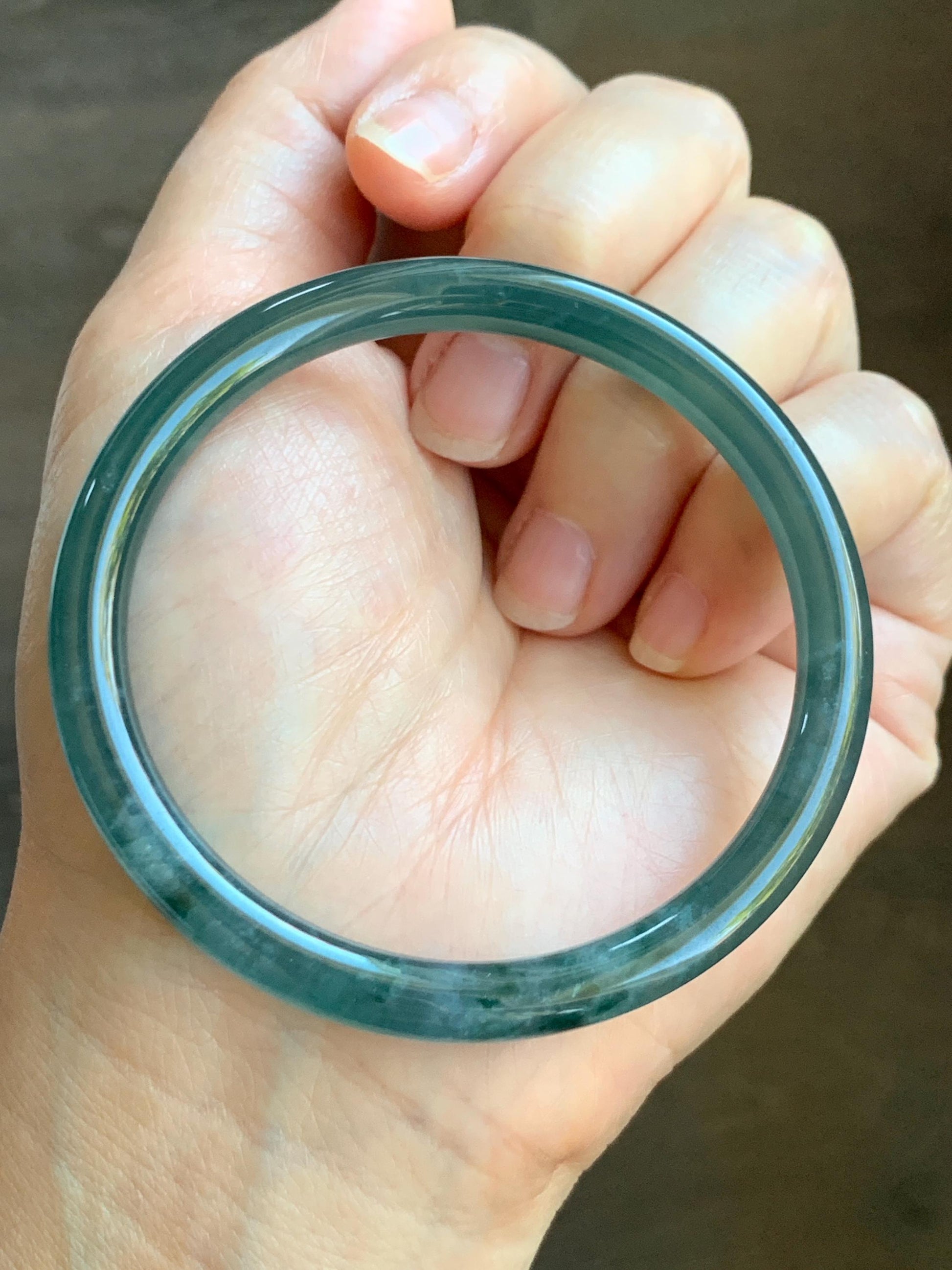 Certified Natural Grade A Guatemalan Icy Highly Translucent Dark Teal Blue Marbled Jade Jadeite Bangle 56.65mm 7” 天然冰胶危深蓝飘花翡翠圆条手镯 8800