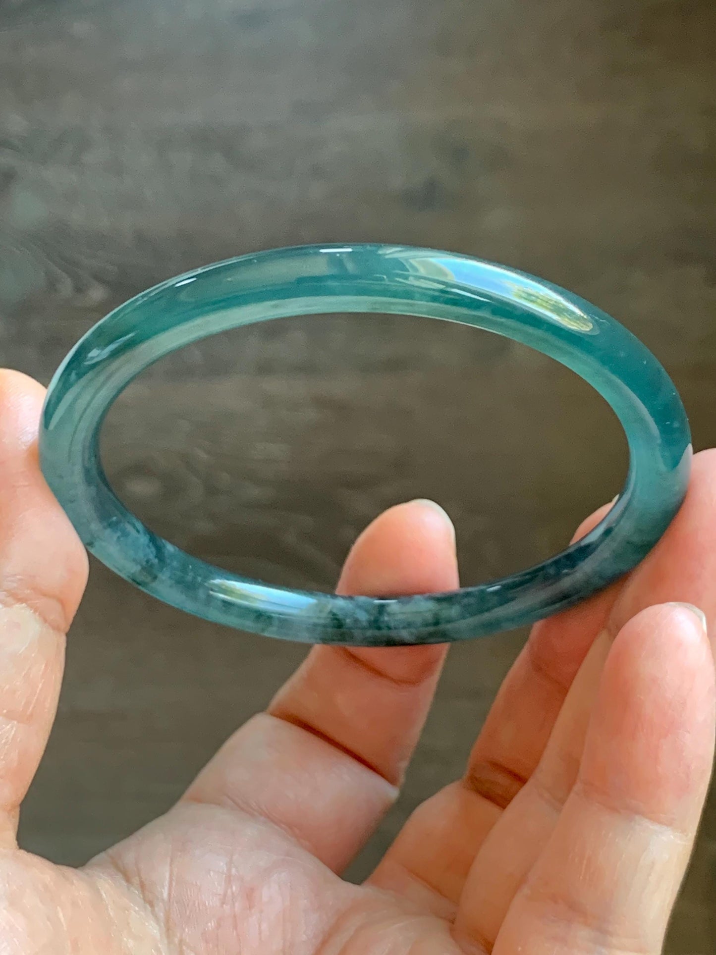 Certified Natural Grade A Guatemalan Icy Highly Translucent Dark Teal Blue Marbled Jade Jadeite Bangle 56.65mm 7” 天然冰胶危深蓝飘花翡翠圆条手镯 8800