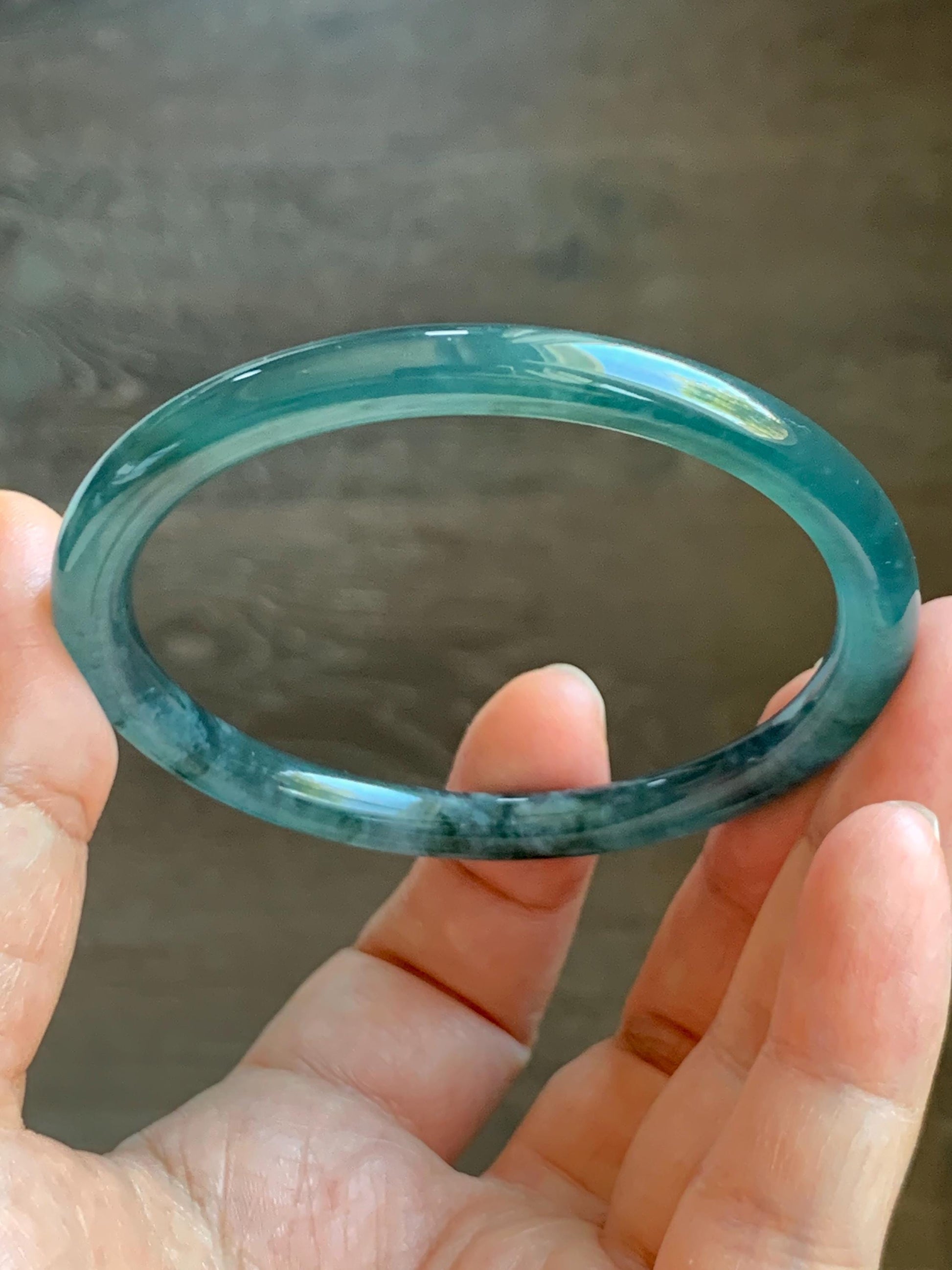 Certified Natural Grade A Guatemalan Icy Highly Translucent Dark Teal Blue Marbled Jade Jadeite Bangle 56.65mm 7” 天然冰胶危深蓝飘花翡翠圆条手镯 8800