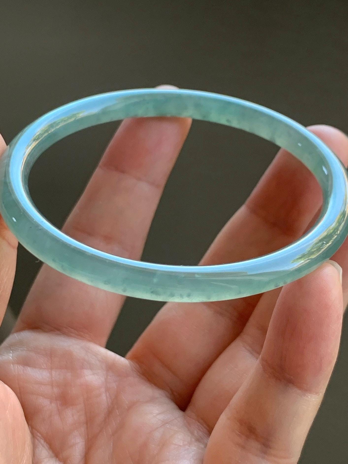 Certified Natural Grade A Guatemalan Icy Highly Translucent Light Green Jade Jadeite Bangle 56.79mm 7” 19.23g 天然冰胶危晴绿翡翠圆条手镯 8811