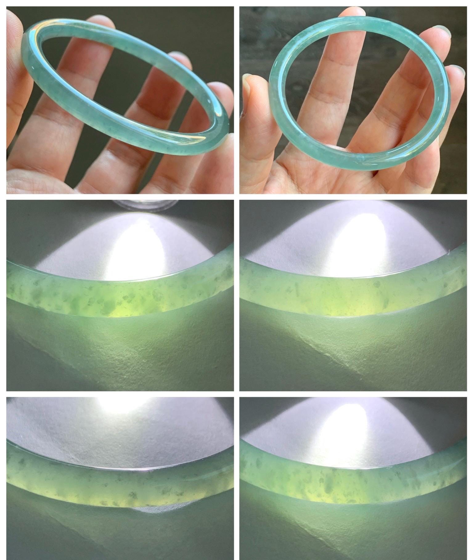 Certified Natural Grade A Guatemalan Icy Highly Translucent Light Green Jade Jadeite Bangle 56.79mm 7” 19.23g 天然冰胶危晴绿翡翠圆条手镯 8811