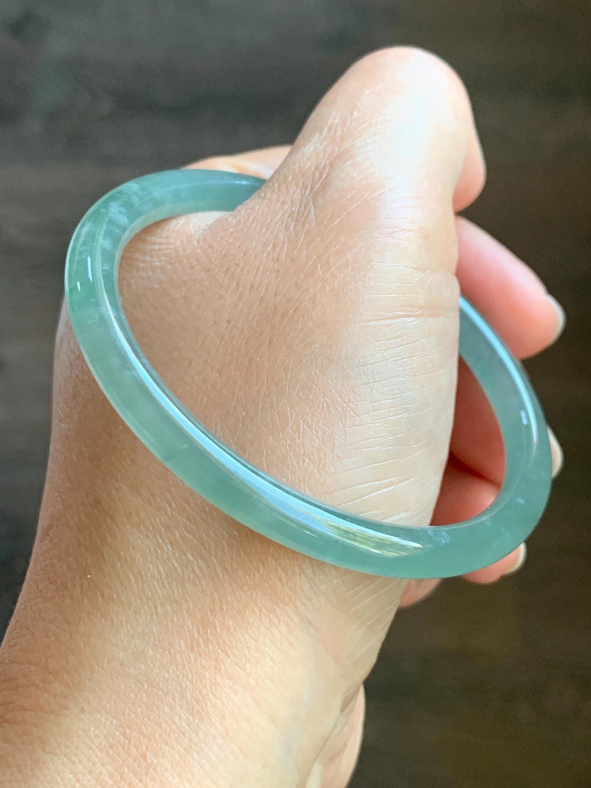 Certified Natural Grade A Guatemalan Icy Highly Translucent Light Green Jade Jadeite Bangle 56.79mm 7” 19.23g 天然冰胶危晴绿翡翠圆条手镯 8811
