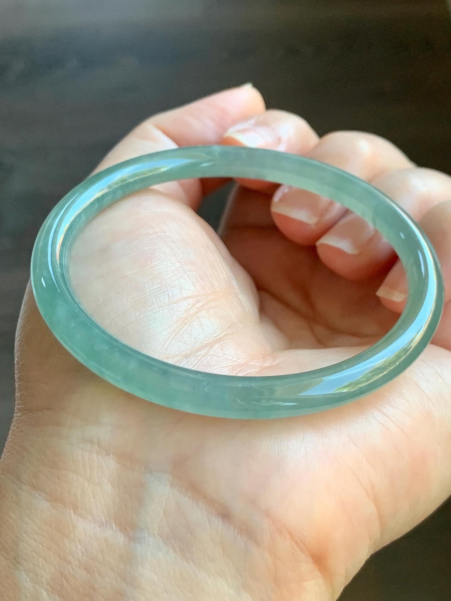 Certified Natural Grade A Guatemalan Icy Highly Translucent Light Green Jade Jadeite Bangle 56.79mm 7” 19.23g 天然冰胶危晴绿翡翠圆条手镯 8811