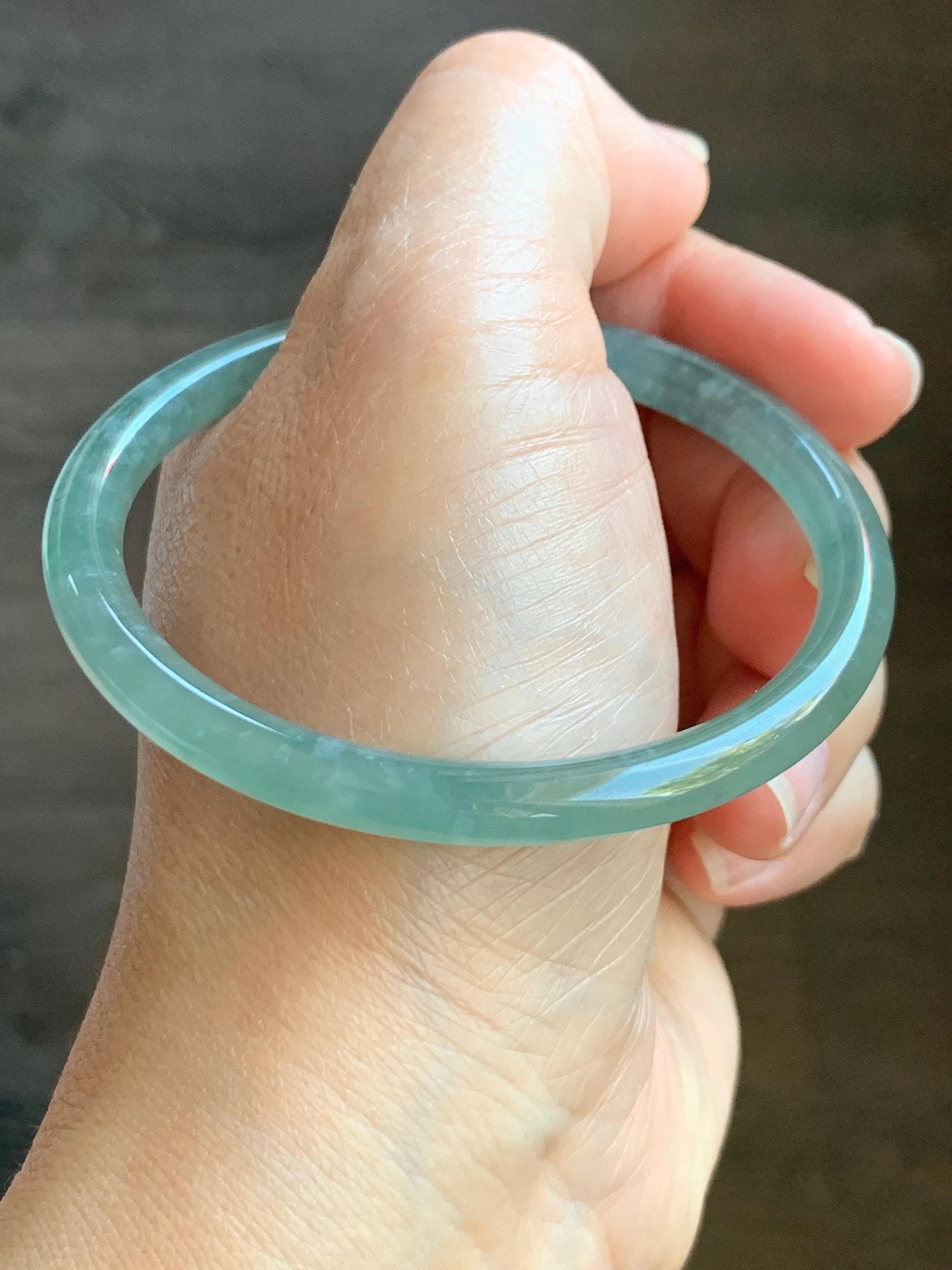 Certified Natural Grade A Guatemalan Icy Highly Translucent Light Green Jade Jadeite Bangle 56.79mm 7” 19.23g 天然冰胶危晴绿翡翠圆条手镯 8811