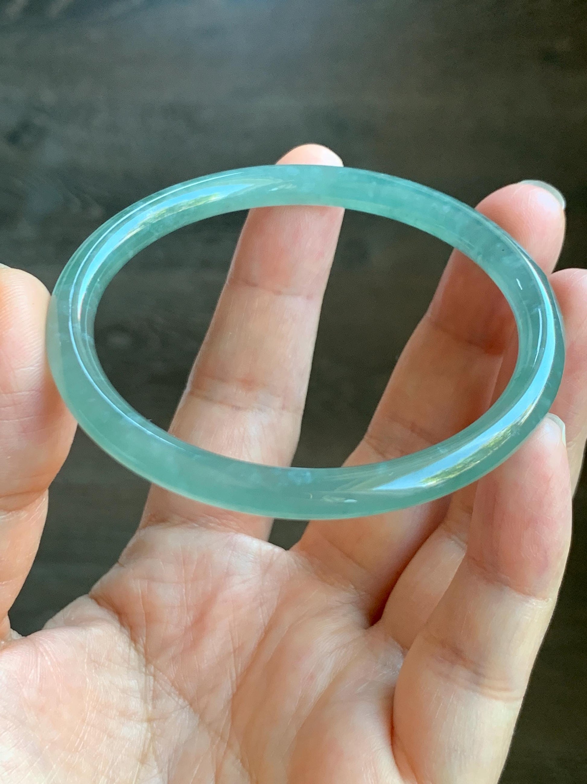 Certified Natural Grade A Guatemalan Icy Highly Translucent Light Green Jade Jadeite Bangle 56.79mm 7” 19.23g 天然冰胶危晴绿翡翠圆条手镯 8811