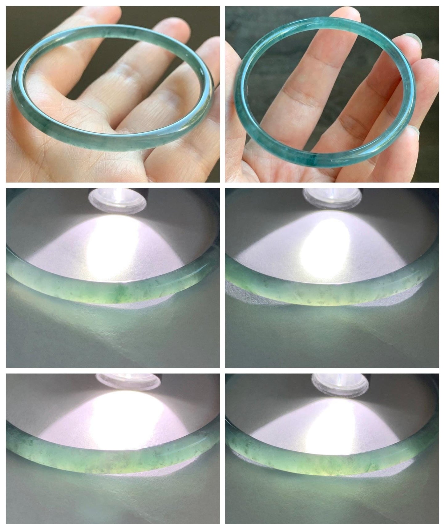 Certified Natural Grade A Guatemalan Icy Highly Translucent Light Teal Green Jade Jadeite Slim Bangle 53.87mm 6.65” 天然冰胶危蓝绿翡翠细圆条手镯 8814