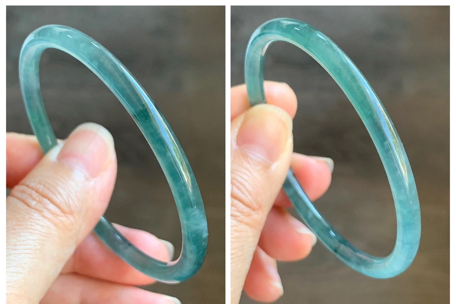 Certified Natural Grade A Guatemalan Icy Highly Translucent Light Teal Green Jade Jadeite Slim Bangle 53.87mm 6.65” 天然冰胶危蓝绿翡翠细圆条手镯 8814