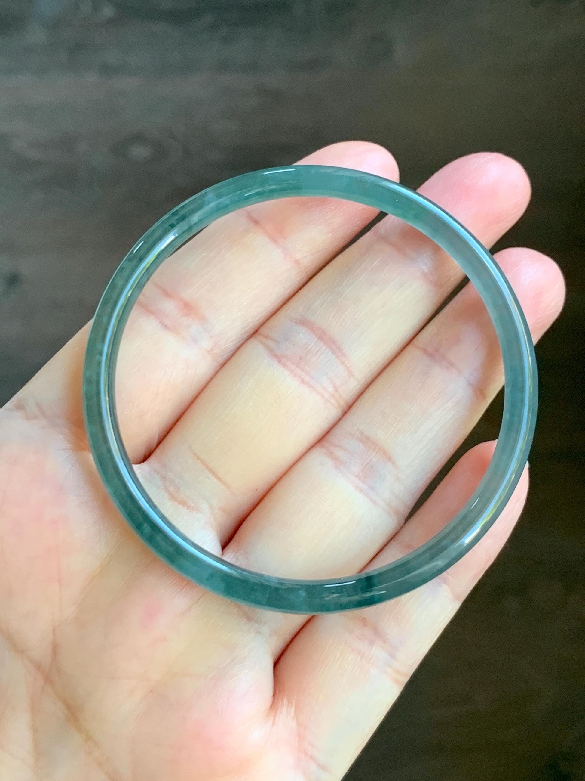 Certified Natural Grade A Guatemalan Icy Highly Translucent Light Teal Green Jade Jadeite Slim Bangle 53.87mm 6.65” 天然冰胶危蓝绿翡翠细圆条手镯 8814
