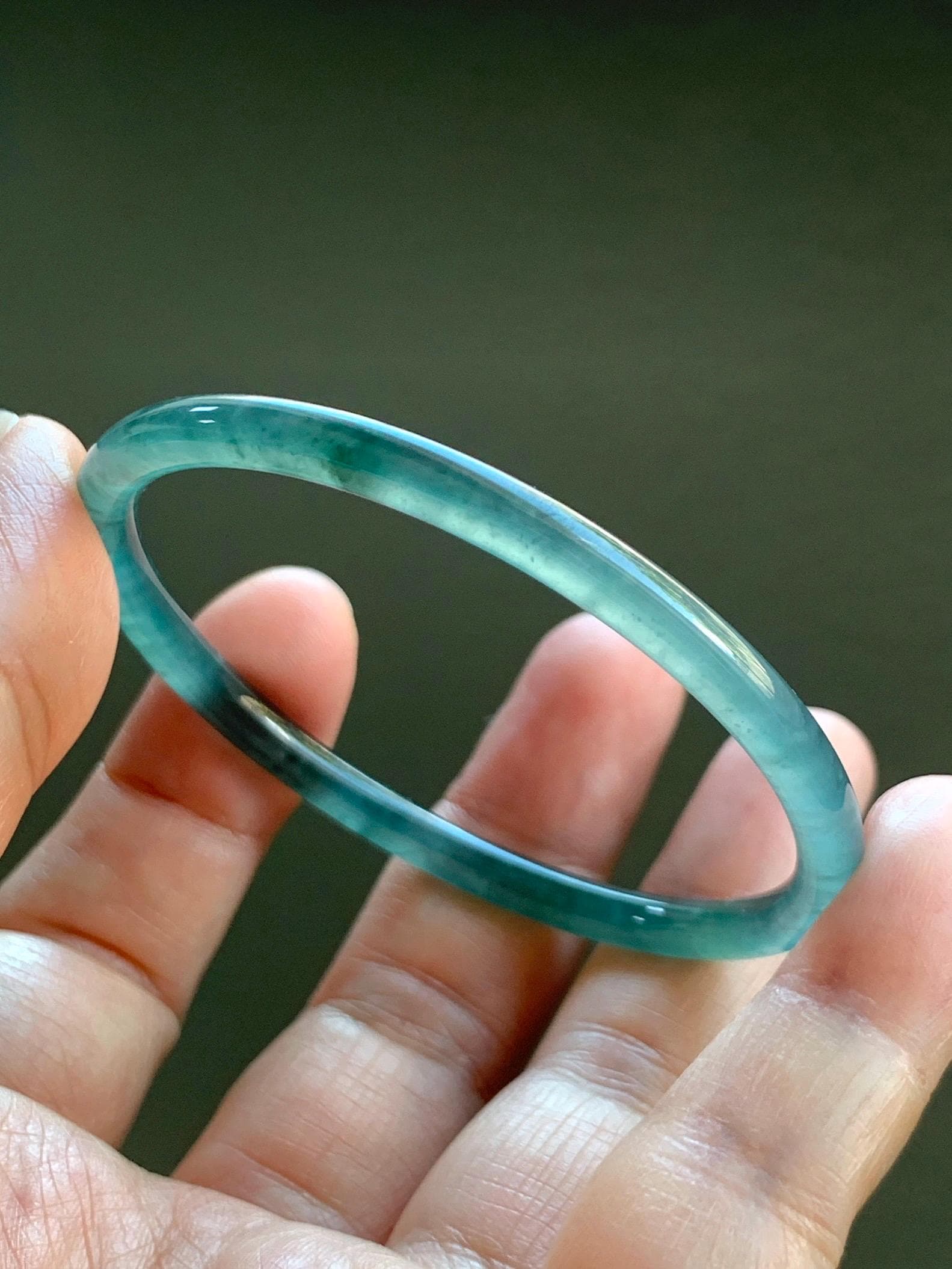 Certified Natural Grade A Guatemalan Icy Highly Translucent Light Teal Green Jade Jadeite Slim Bangle 53.87mm 6.65” 天然冰胶危蓝绿翡翠细圆条手镯 8814