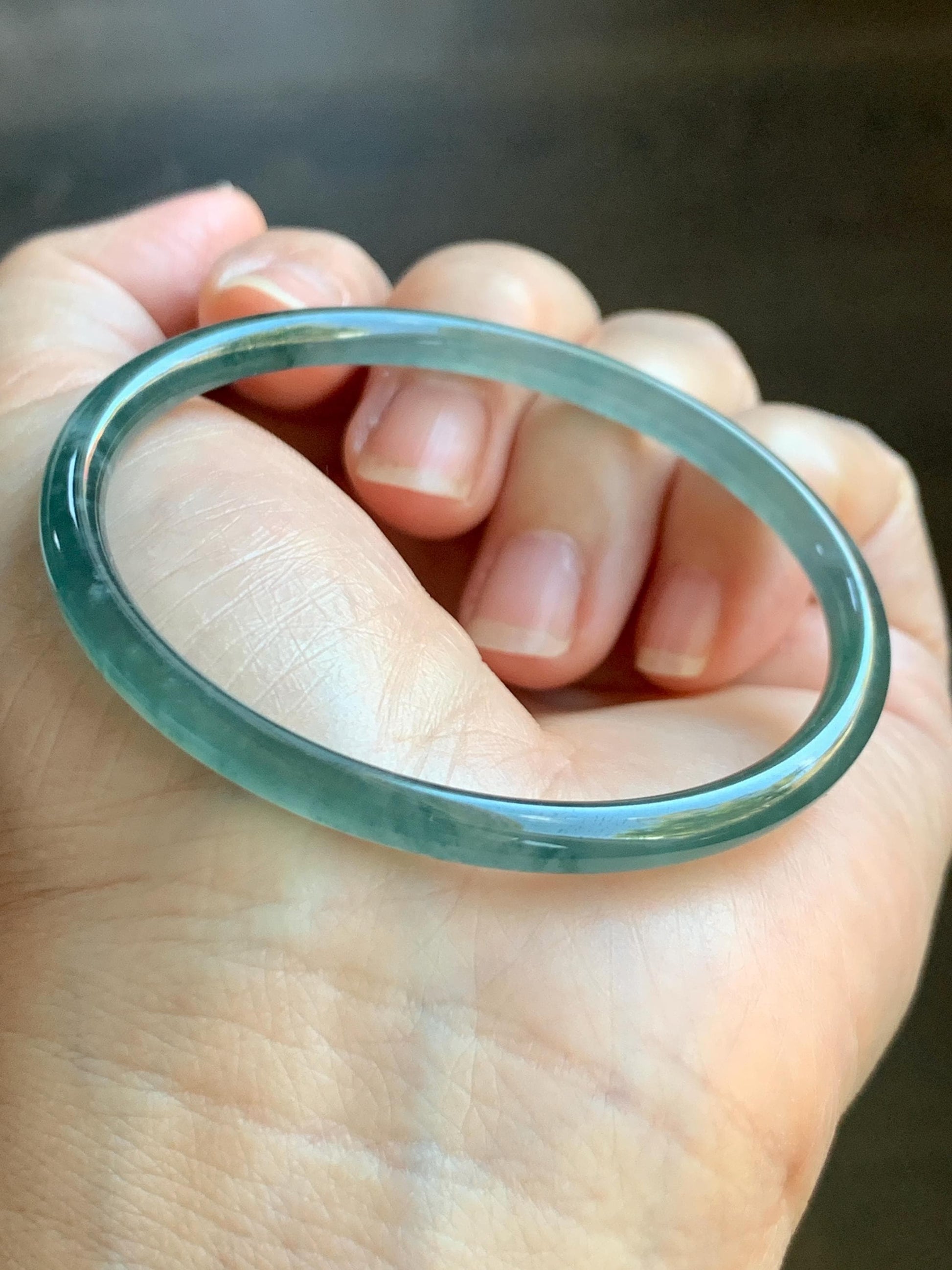 Certified Natural Grade A Guatemalan Icy Highly Translucent Light Teal Green Jade Jadeite Slim Bangle 53.87mm 6.65” 天然冰胶危蓝绿翡翠细圆条手镯 8814