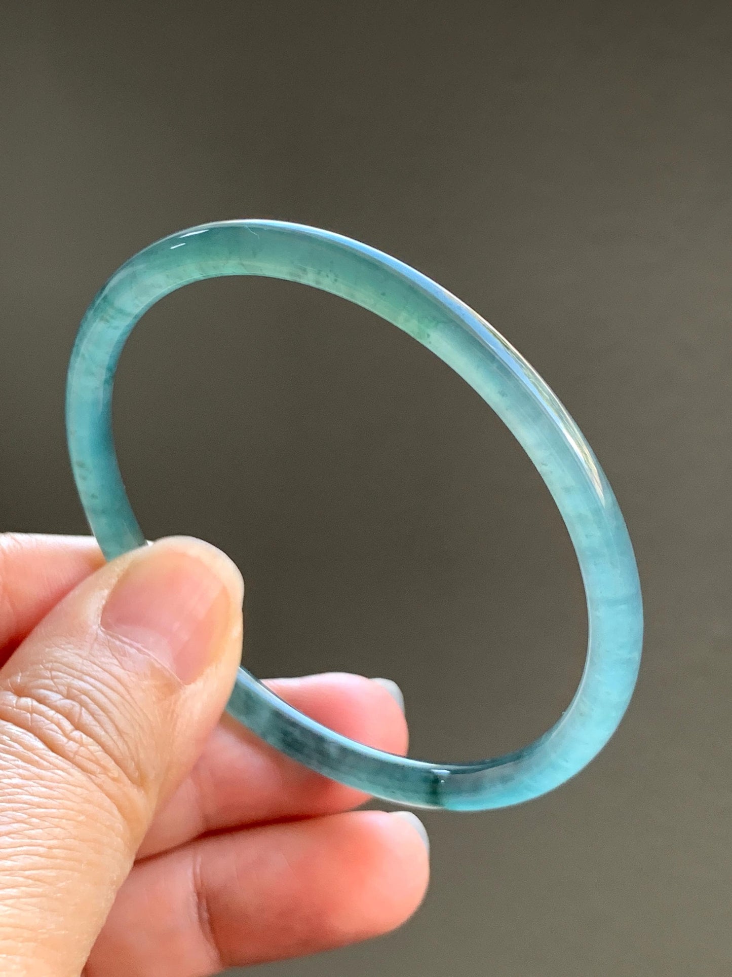 Certified Natural Grade A Guatemalan Icy Highly Translucent Light Teal Green Jade Jadeite Slim Bangle 53.87mm 6.65” 天然冰胶危蓝绿翡翠细圆条手镯 8814