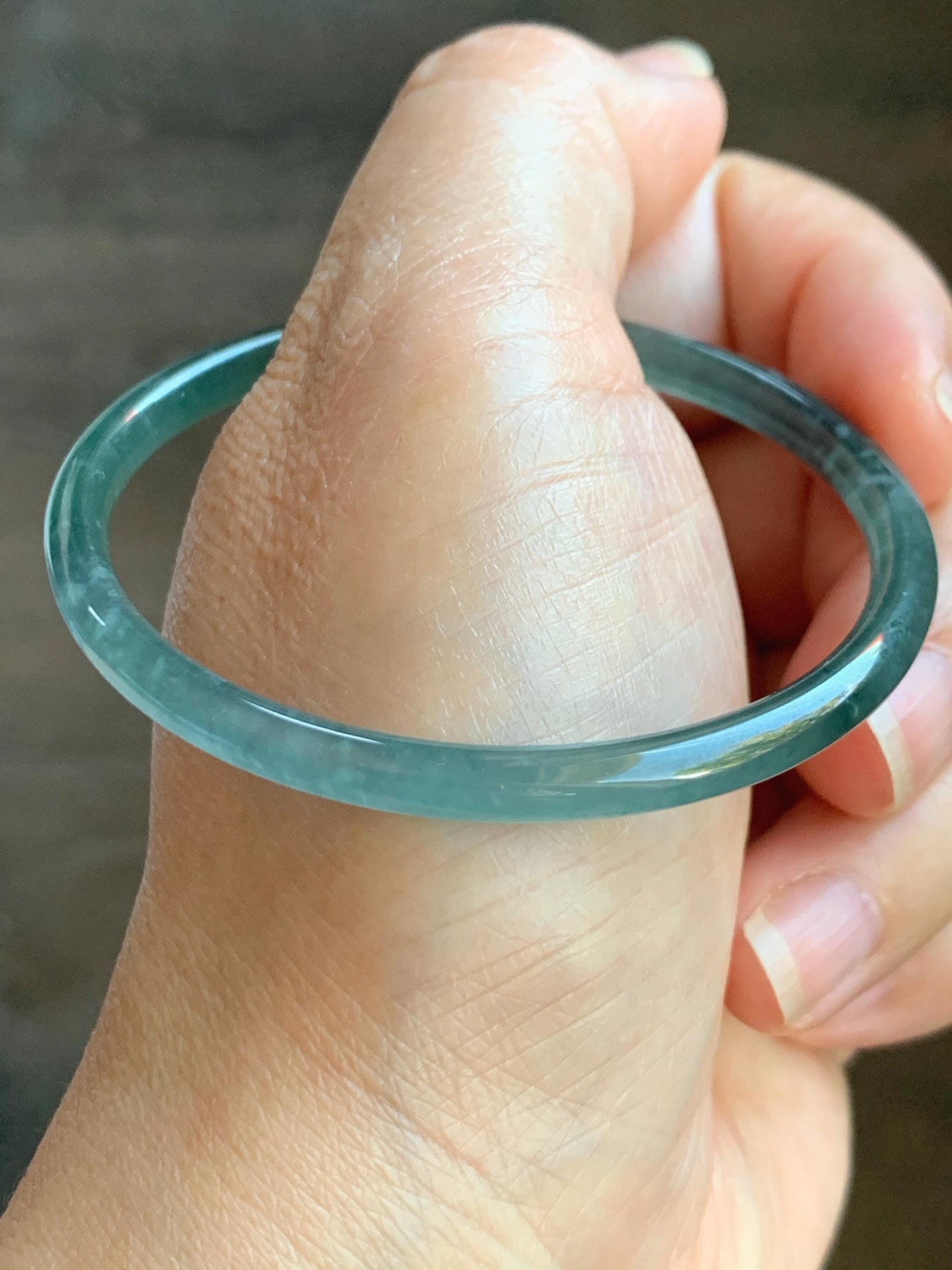 Certified Natural Grade A Guatemalan Icy Highly Translucent Light Teal Green Jade Jadeite Slim Bangle 53.87mm 6.65” 天然冰胶危蓝绿翡翠细圆条手镯 8814