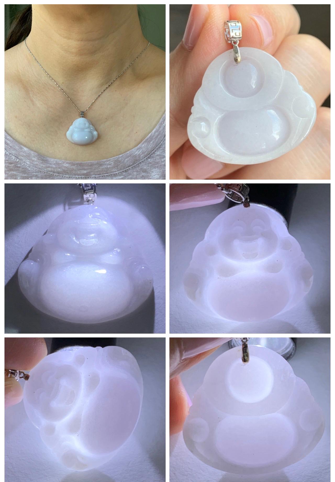 Natural Grade A Icy Translucent White Jadeite Light Purple Undertone Carved Buddha Pendant 18K White Gold Bail 8g 天然细糯白冰紫底翡翠佛公镶嵌吊坠 A