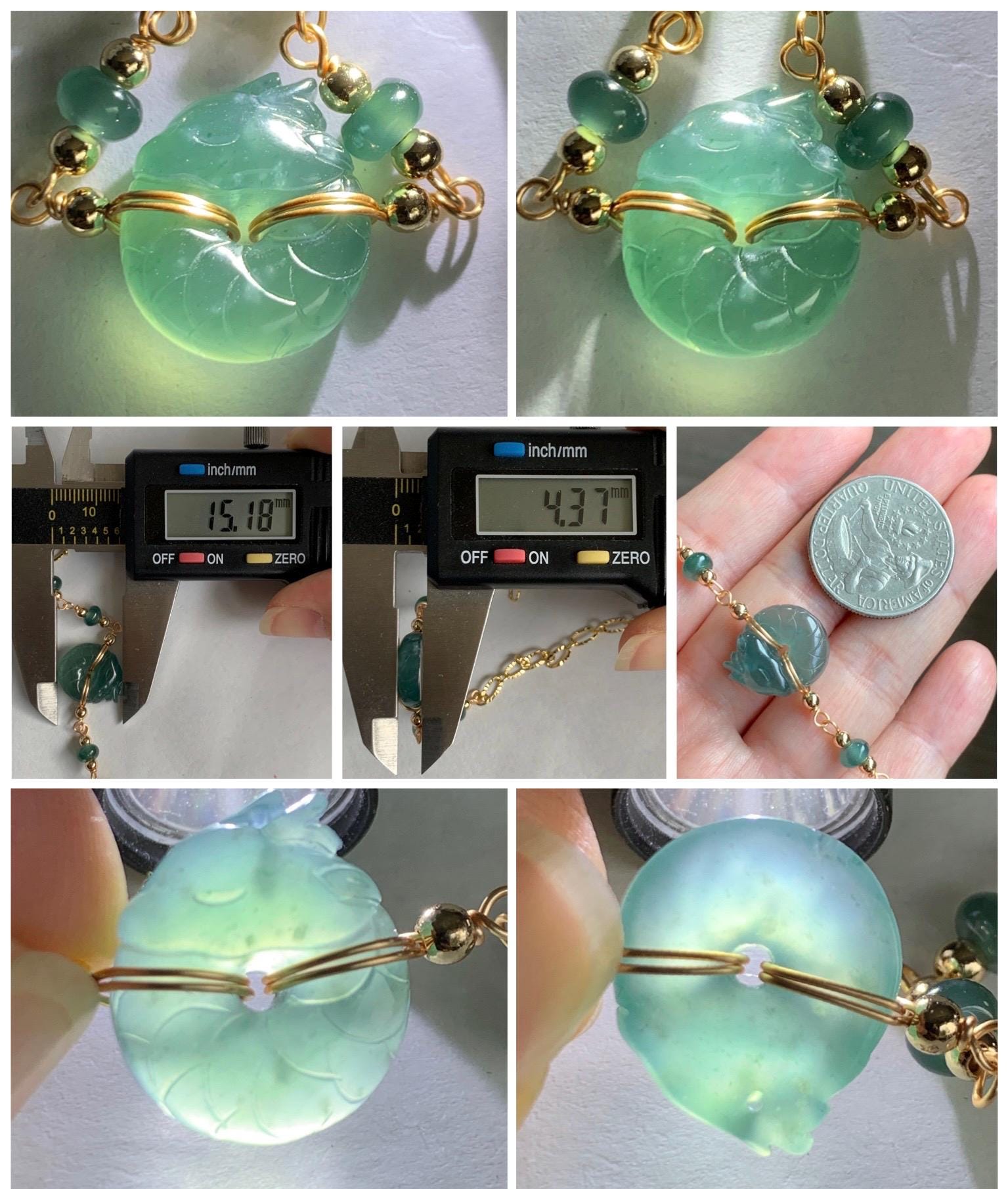 Natural Guatemalan Icy Translucent Teal Jade Jadeite Baby Dragon Ping An Kou Donut Bracelet 14K Gold Filled adjustable 天然冰危蓝绿翡翠龙宝宝平安扣14K包金手链