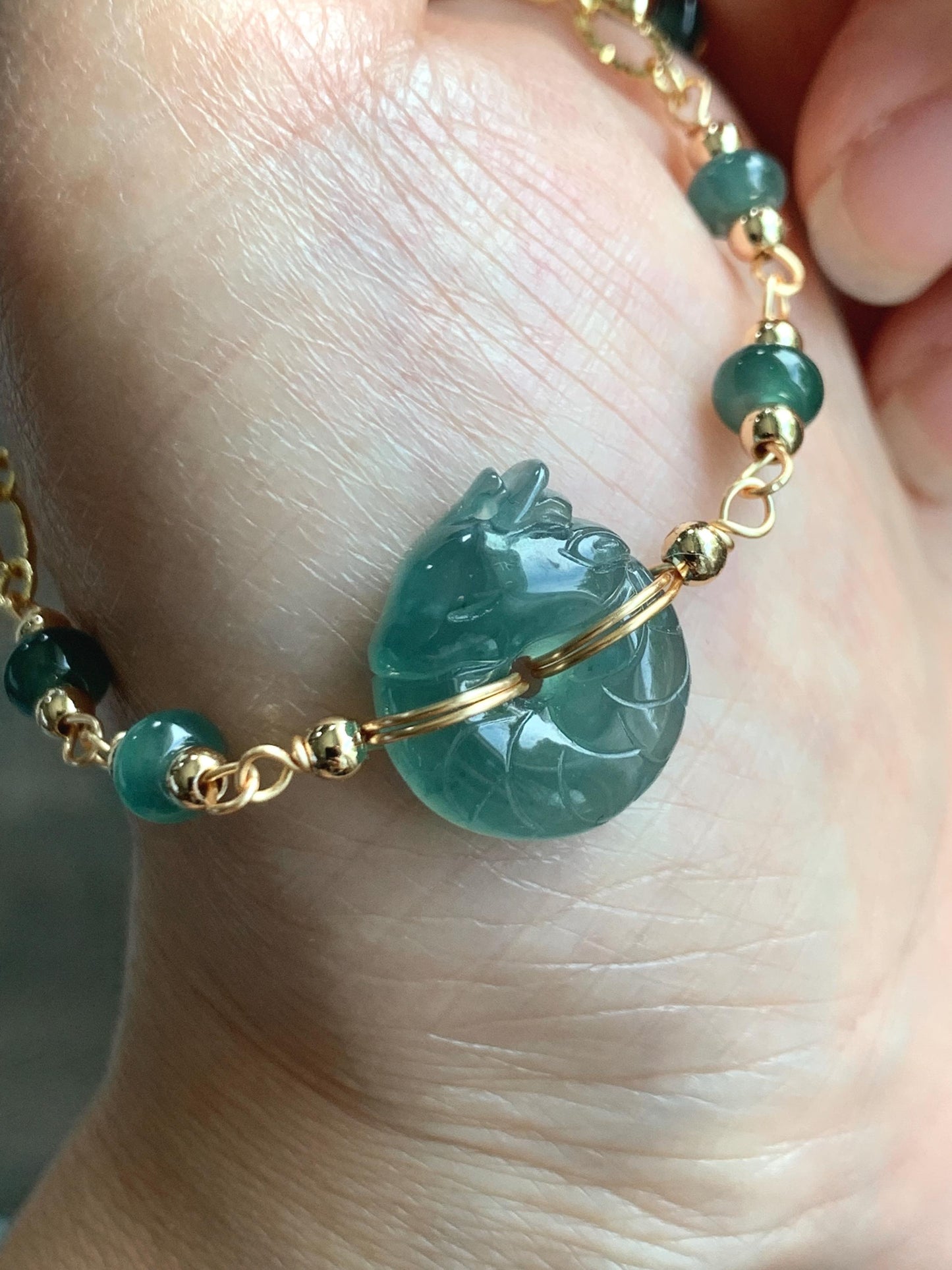 Natural Guatemalan Icy Translucent Teal Jade Jadeite Baby Dragon Ping An Kou Donut Bracelet 14K Gold Filled adjustable 天然冰危蓝绿翡翠龙宝宝平安扣14K包金手链