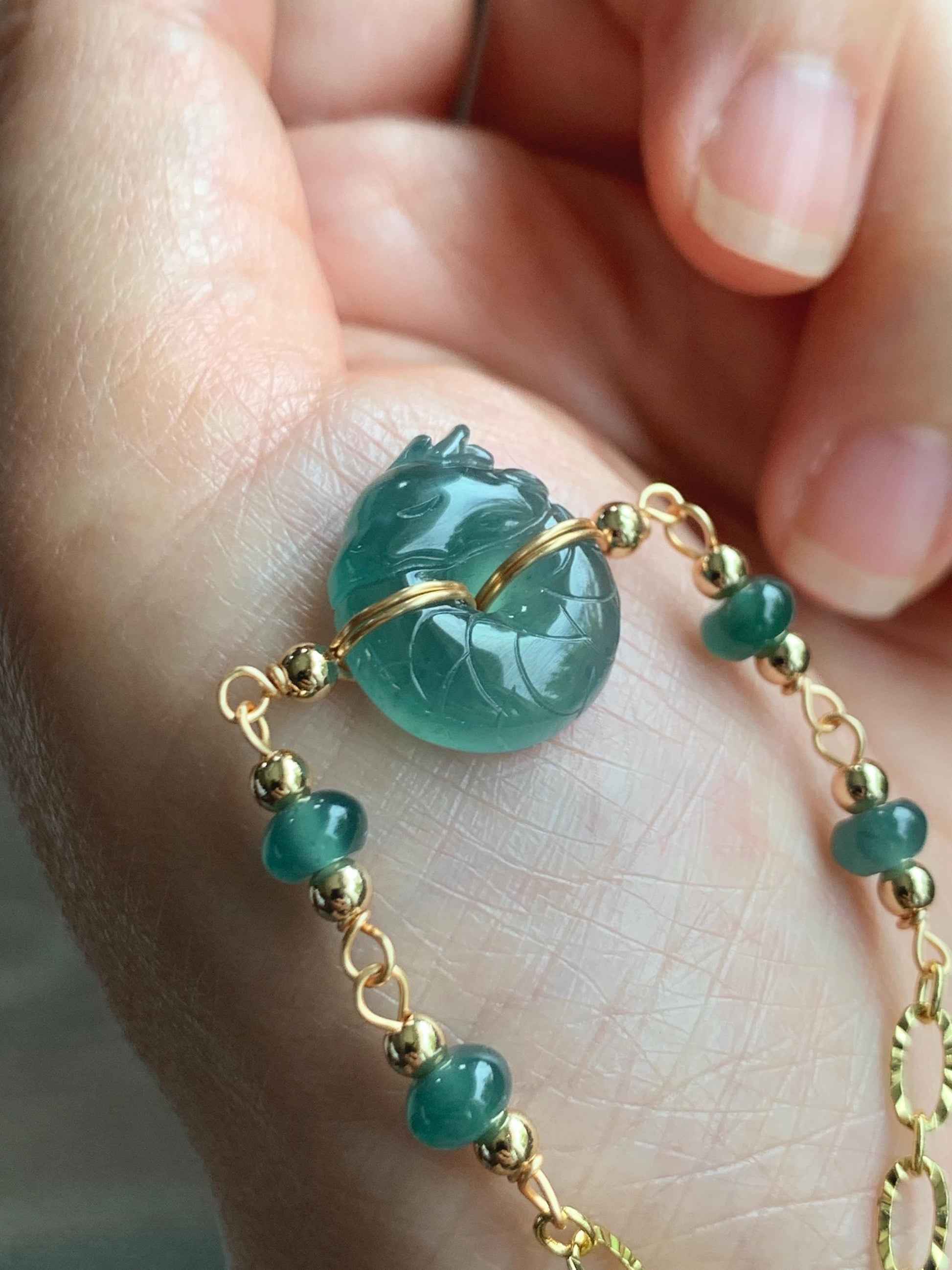 Natural Guatemalan Icy Translucent Teal Jade Jadeite Baby Dragon Ping An Kou Donut Bracelet 14K Gold Filled adjustable 天然冰危蓝绿翡翠龙宝宝平安扣14K包金手链