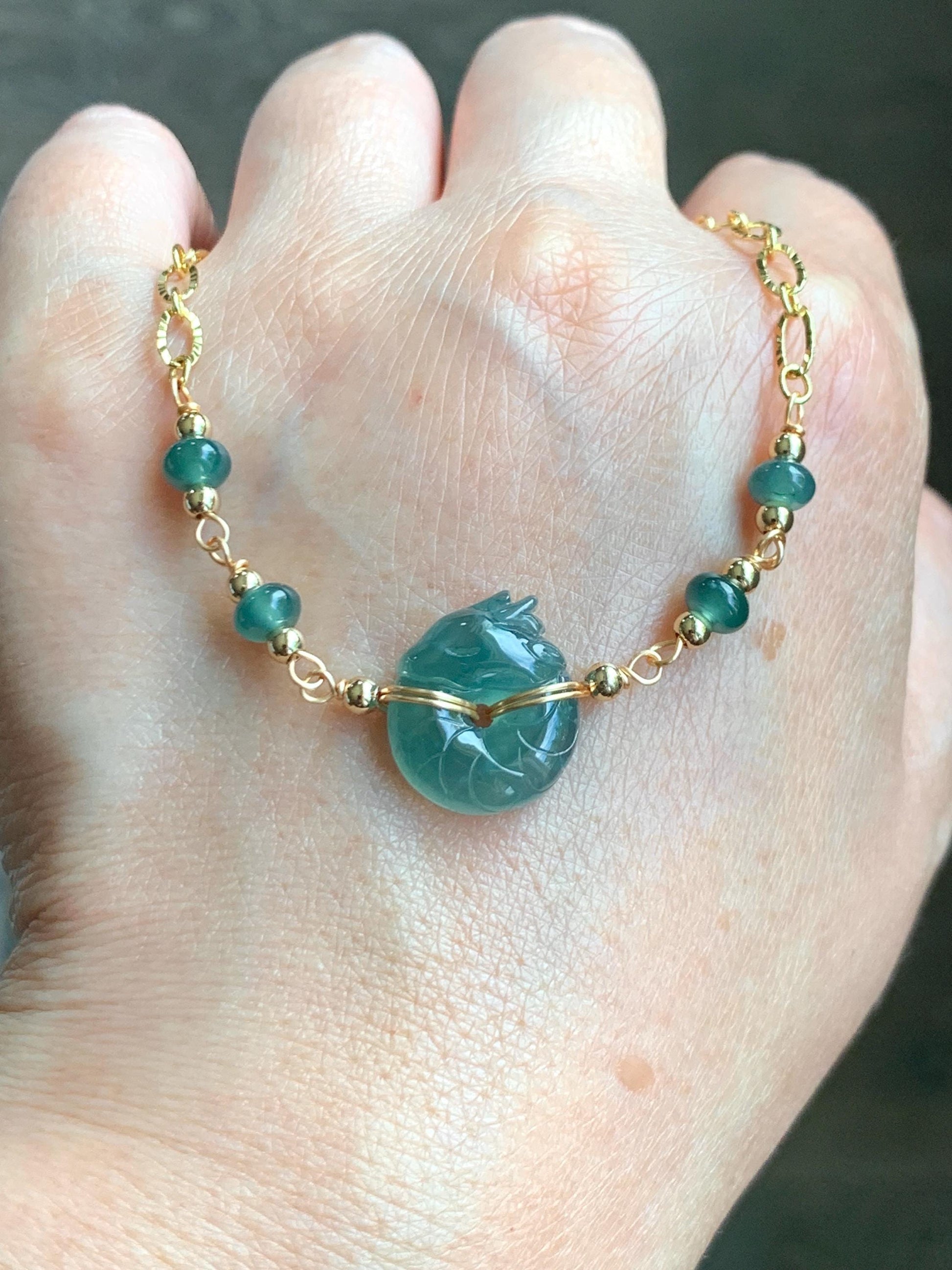 Natural Guatemalan Icy Translucent Teal Jade Jadeite Baby Dragon Ping An Kou Donut Bracelet 14K Gold Filled adjustable 天然冰危蓝绿翡翠龙宝宝平安扣14K包金手链