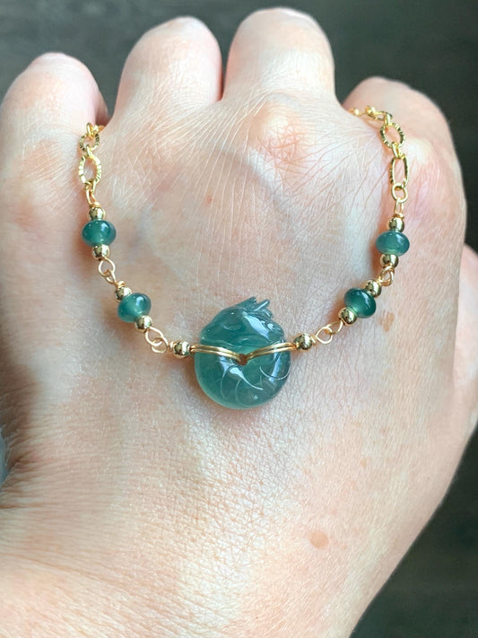 Natural Guatemalan Icy Translucent Teal Jade Jadeite Baby Dragon Ping An Kou Donut Bracelet 14K Gold Filled adjustable 天然冰危蓝绿翡翠龙宝宝平安扣14K包金手链
