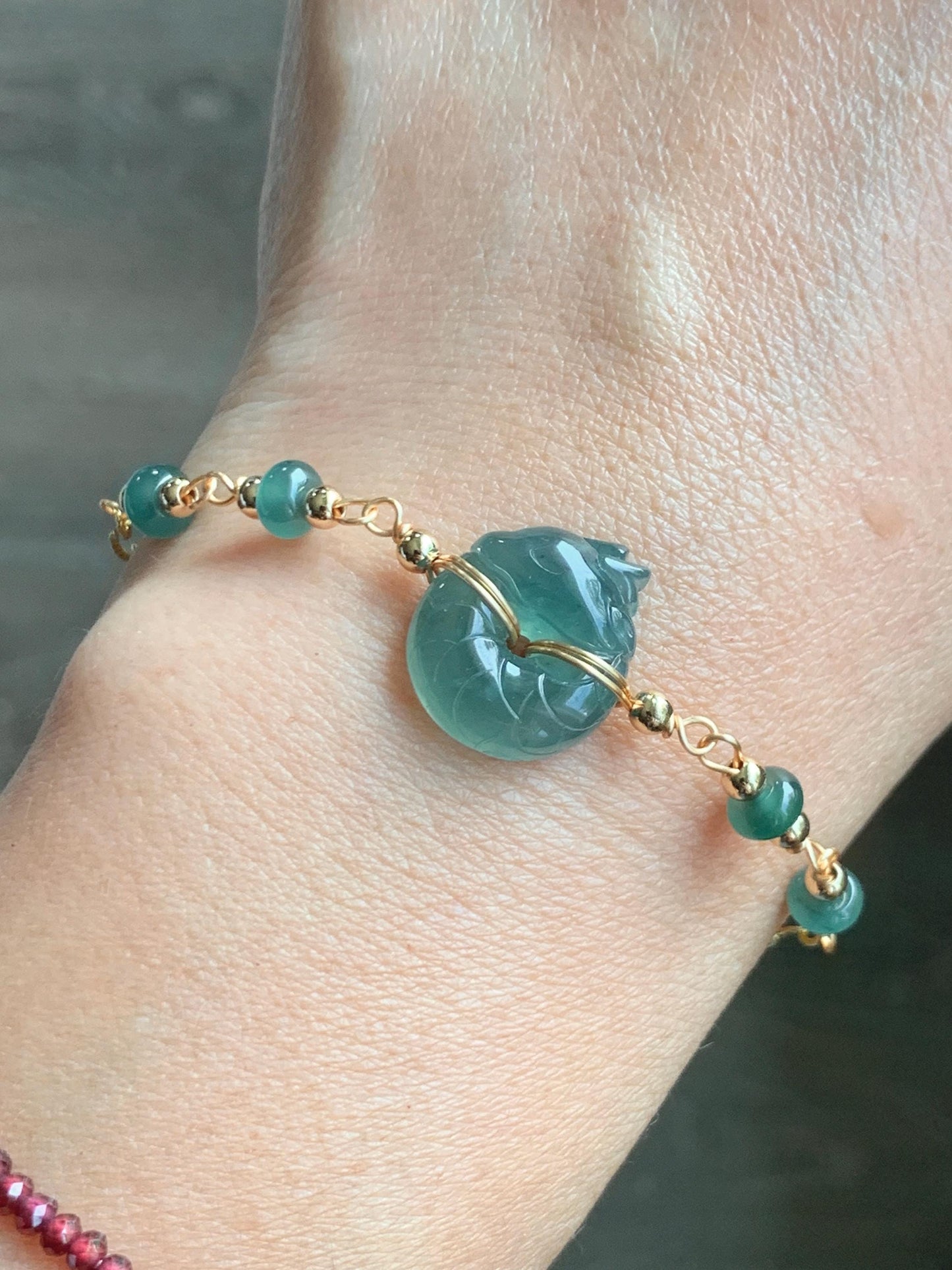 Natural Guatemalan Icy Translucent Teal Jade Jadeite Baby Dragon Ping An Kou Donut Bracelet 14K Gold Filled adjustable 天然冰危蓝绿翡翠龙宝宝平安扣14K包金手链