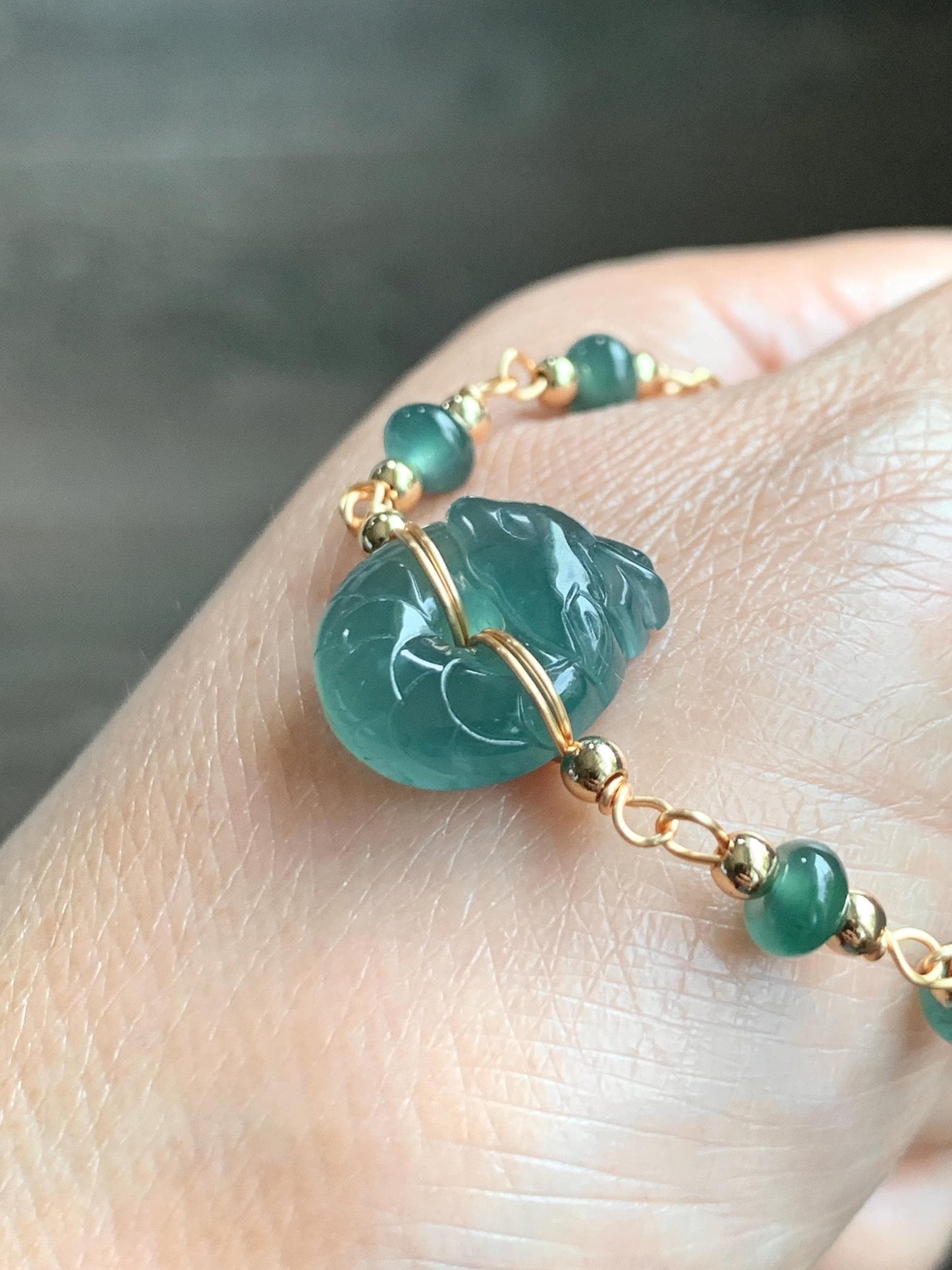 Natural Guatemalan Icy Translucent Teal Jade Jadeite Baby Dragon Ping An Kou Donut Bracelet 14K Gold Filled adjustable 天然冰危蓝绿翡翠龙宝宝平安扣14K包金手链