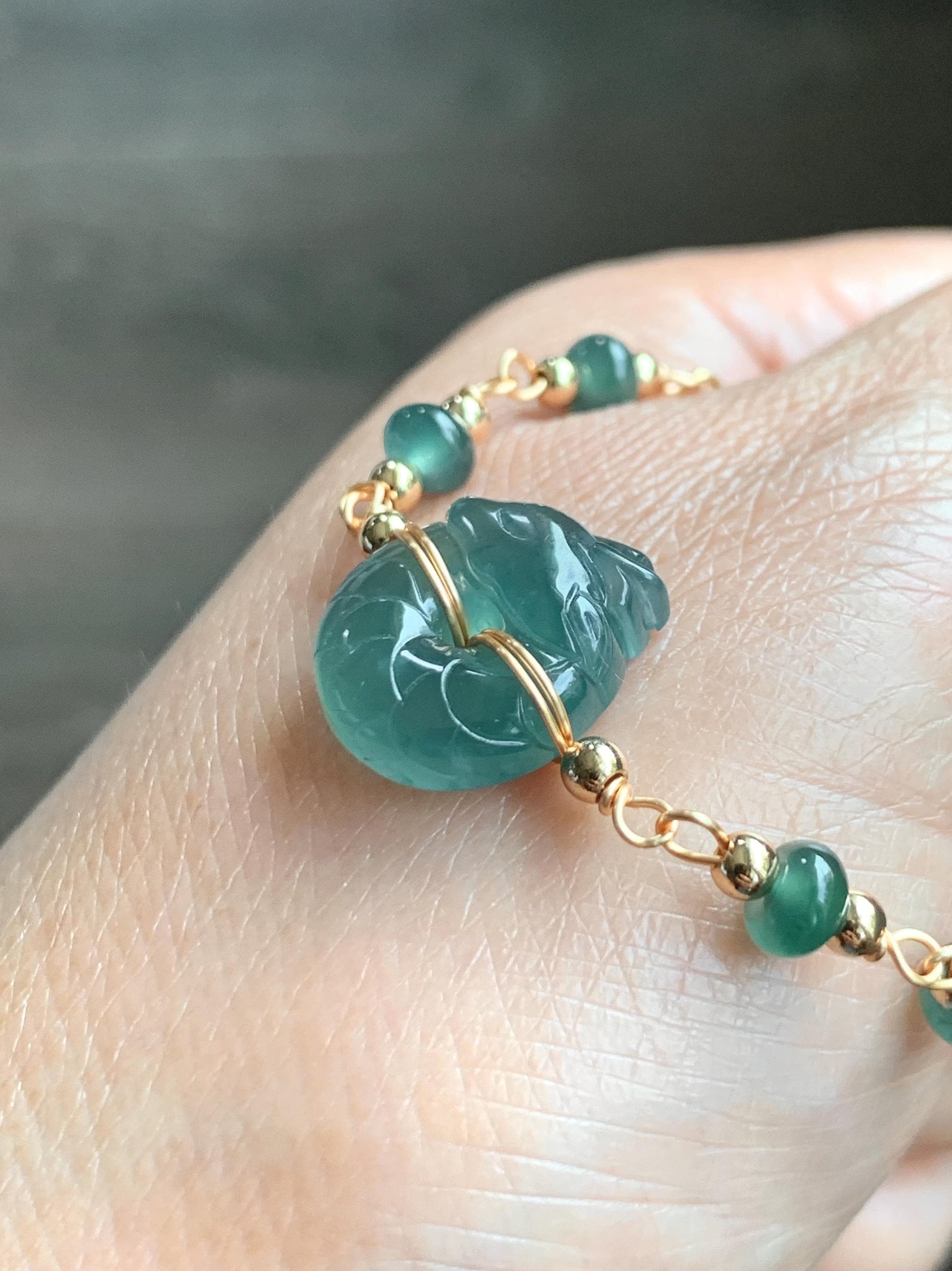Natural Guatemalan Icy Translucent Teal Jade Jadeite Baby Dragon Ping An Kou Donut Bracelet 14K Gold Filled adjustable 天然冰危蓝绿翡翠龙宝宝平安扣14K包金手链