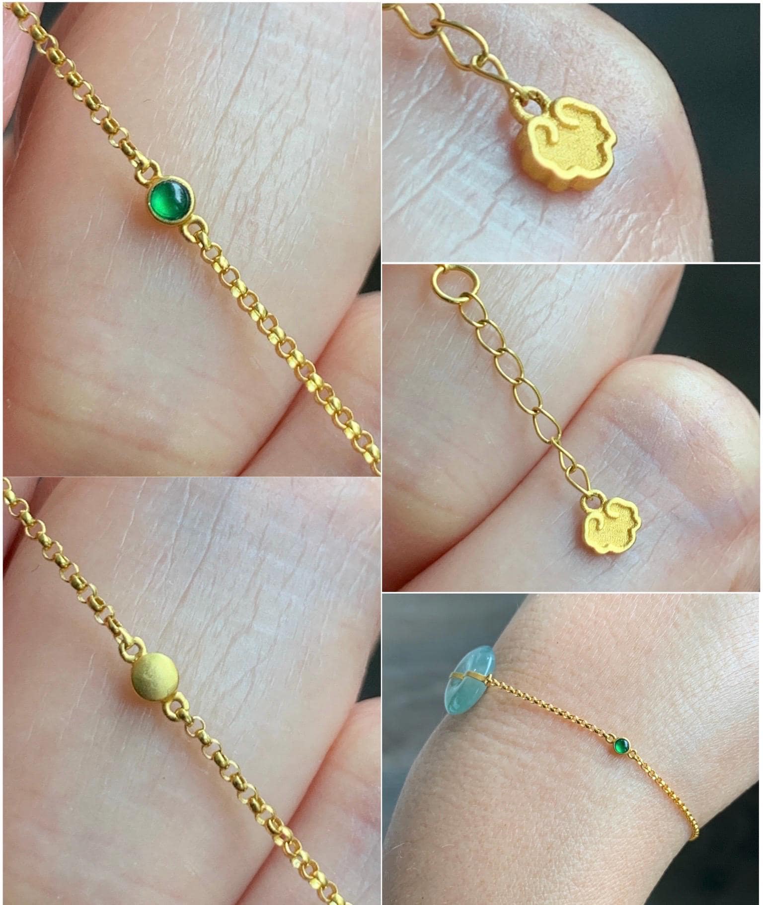 Certified Natural Grade A Icy Translucent Light Green Jade Jadeite Ping An Kou Donut 18K Yellow Gold Bracelet 6.25-6.75” 天然冰晴绿翡翠平安扣镶嵌手链 9461