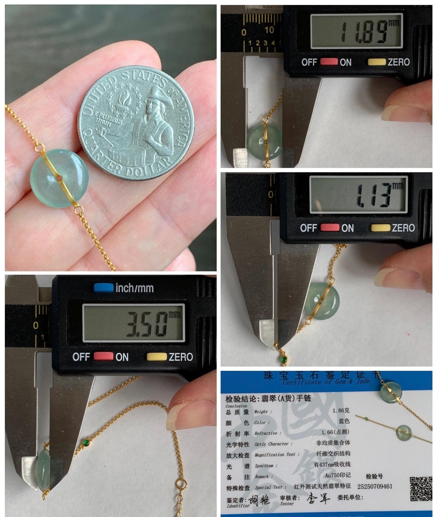 Certified Natural Grade A Icy Translucent Light Green Jade Jadeite Ping An Kou Donut 18K Yellow Gold Bracelet 6.25-6.75” 天然冰晴绿翡翠平安扣镶嵌手链 9461