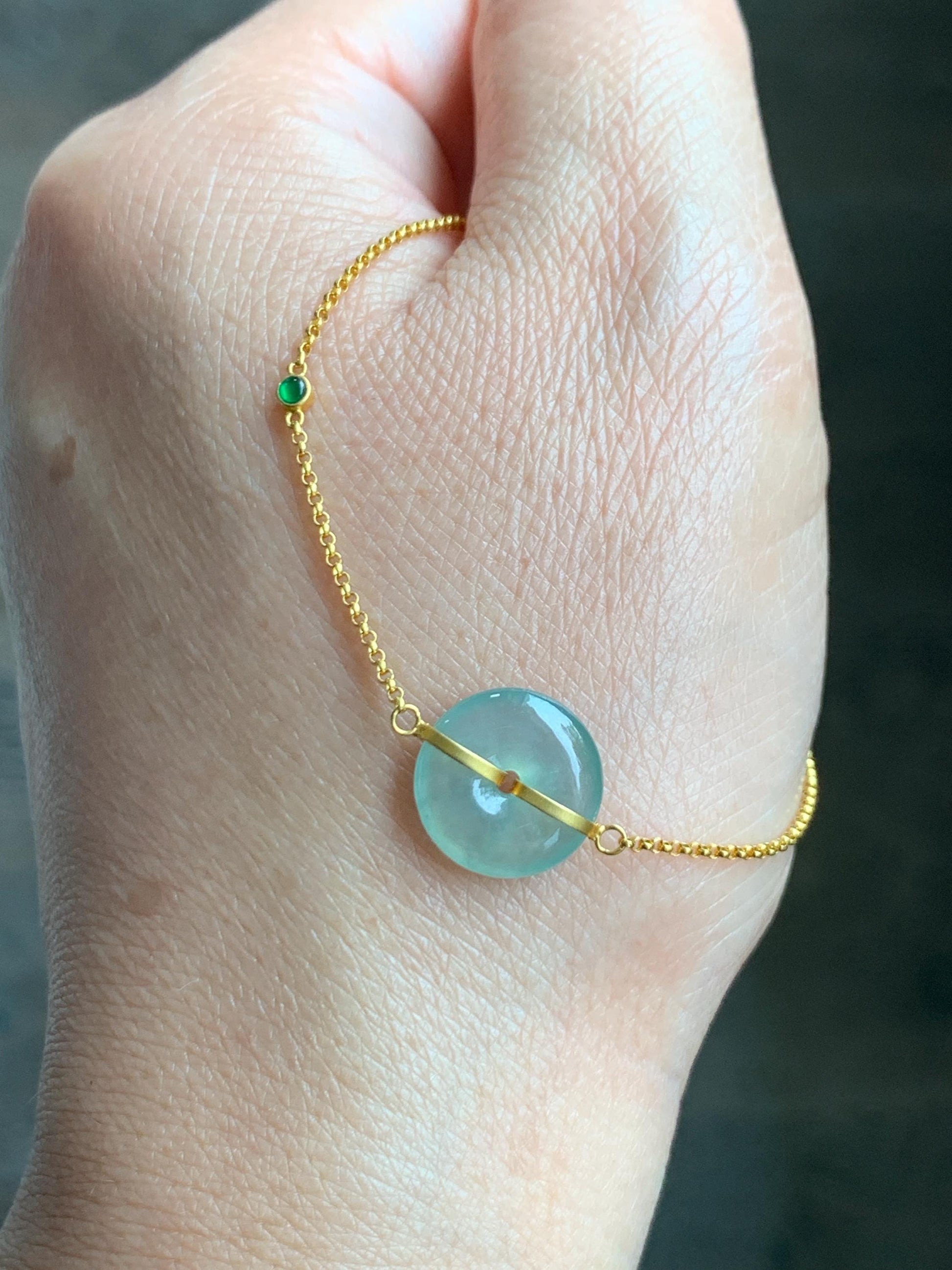 Certified Natural Grade A Icy Translucent Light Green Jade Jadeite Ping An Kou Donut 18K Yellow Gold Bracelet 6.25-6.75” 天然冰晴绿翡翠平安扣镶嵌手链 9461