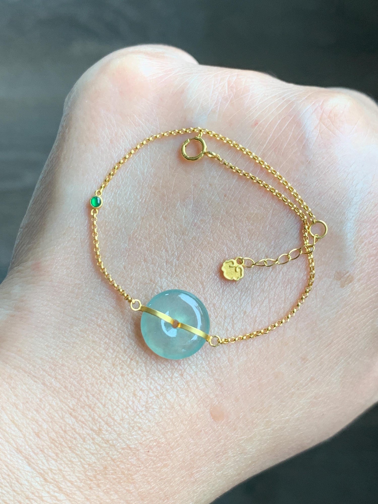 Certified Natural Grade A Icy Translucent Light Green Jade Jadeite Ping An Kou Donut 18K Yellow Gold Bracelet 6.25-6.75” 天然冰晴绿翡翠平安扣镶嵌手链 9461