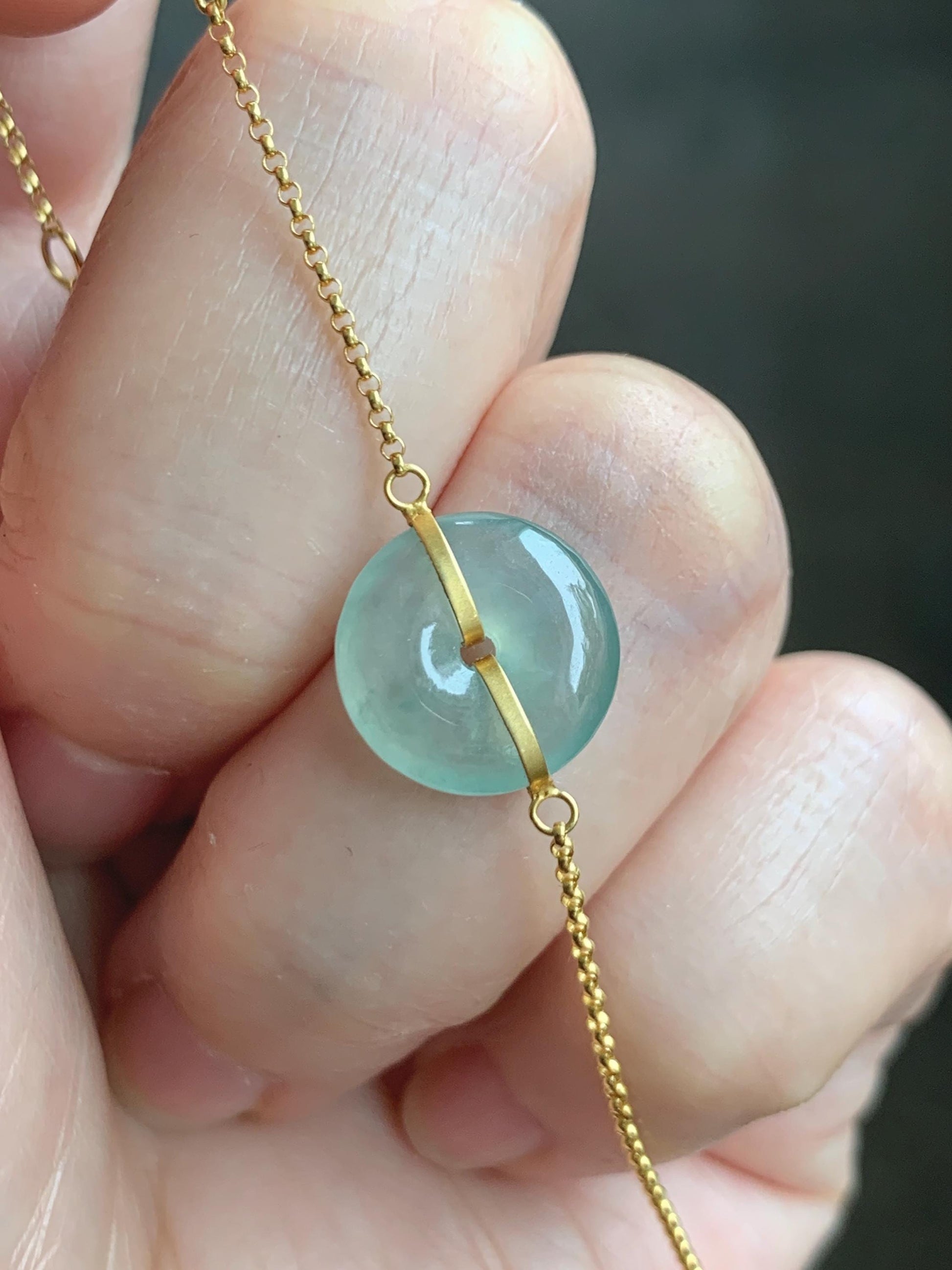 Certified Natural Grade A Icy Translucent Light Green Jade Jadeite Ping An Kou Donut 18K Yellow Gold Bracelet 6.25-6.75” 天然冰晴绿翡翠平安扣镶嵌手链 9461