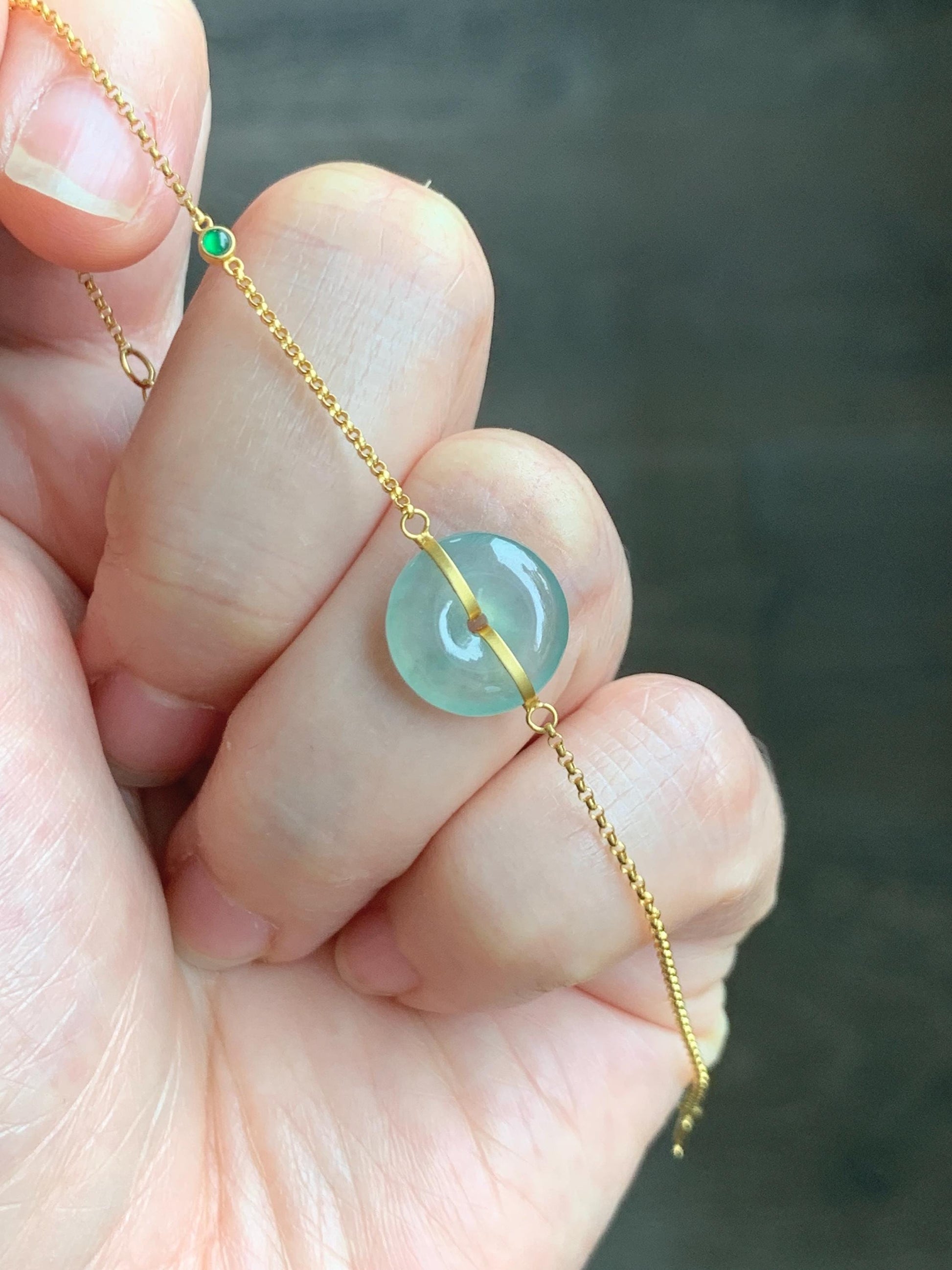 Certified Natural Grade A Icy Translucent Light Green Jade Jadeite Ping An Kou Donut 18K Yellow Gold Bracelet 6.25-6.75” 天然冰晴绿翡翠平安扣镶嵌手链 9461