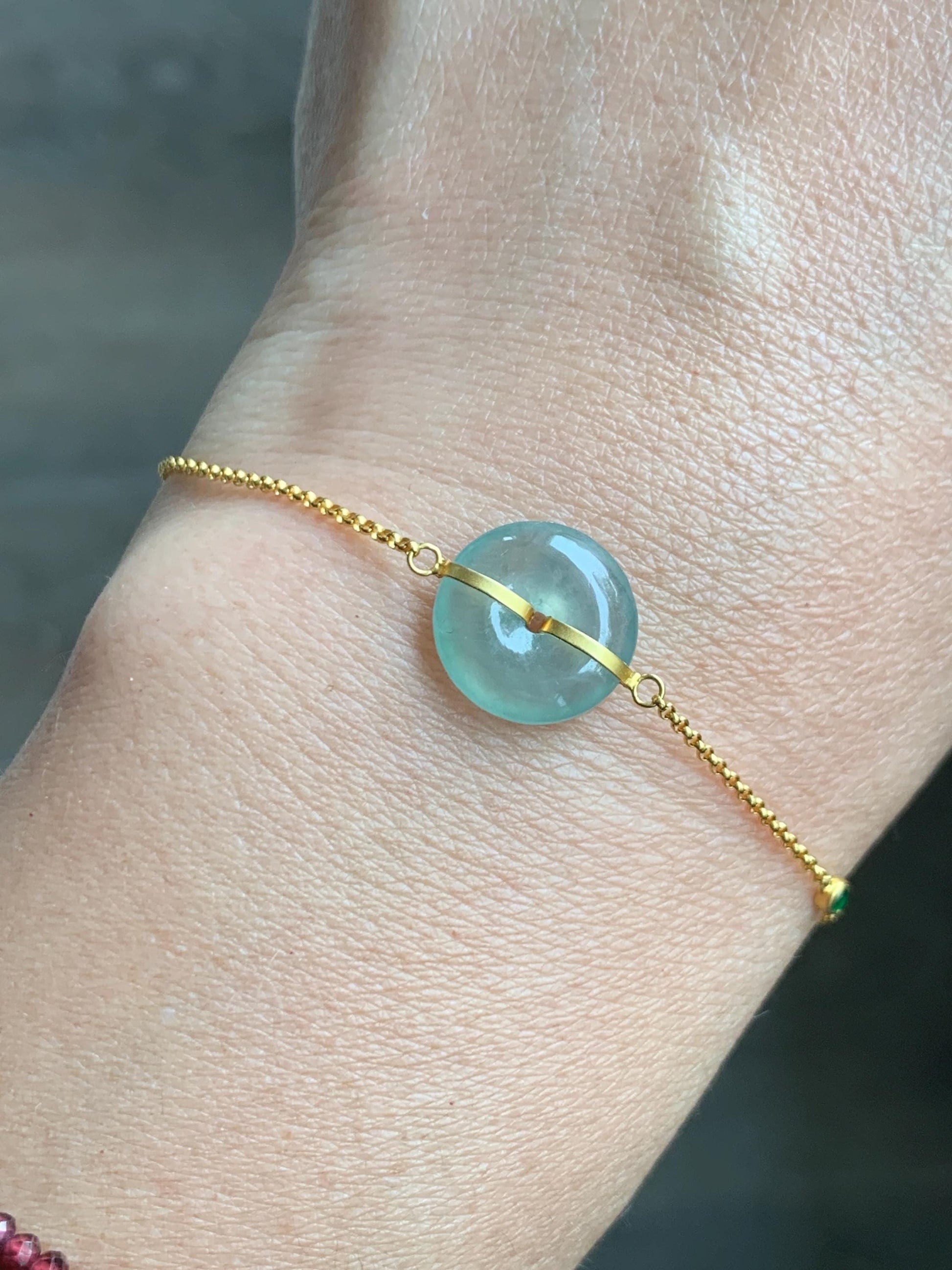 Certified Natural Grade A Icy Translucent Light Green Jade Jadeite Ping An Kou Donut 18K Yellow Gold Bracelet 6.25-6.75” 天然冰晴绿翡翠平安扣镶嵌手链 9461