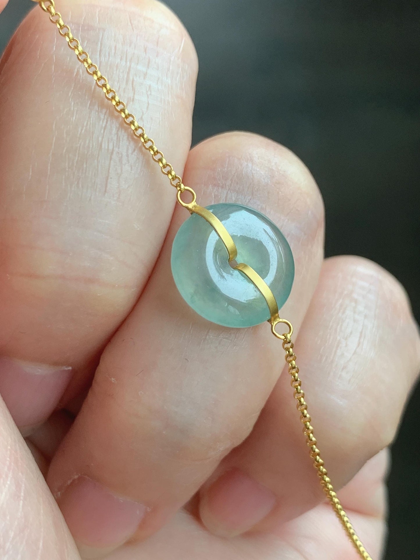 Certified Natural Grade A Icy Translucent Light Green Jade Jadeite Ping An Kou Donut 18K Yellow Gold Bracelet 6.25-6.75” 天然冰晴绿翡翠平安扣镶嵌手链 9461