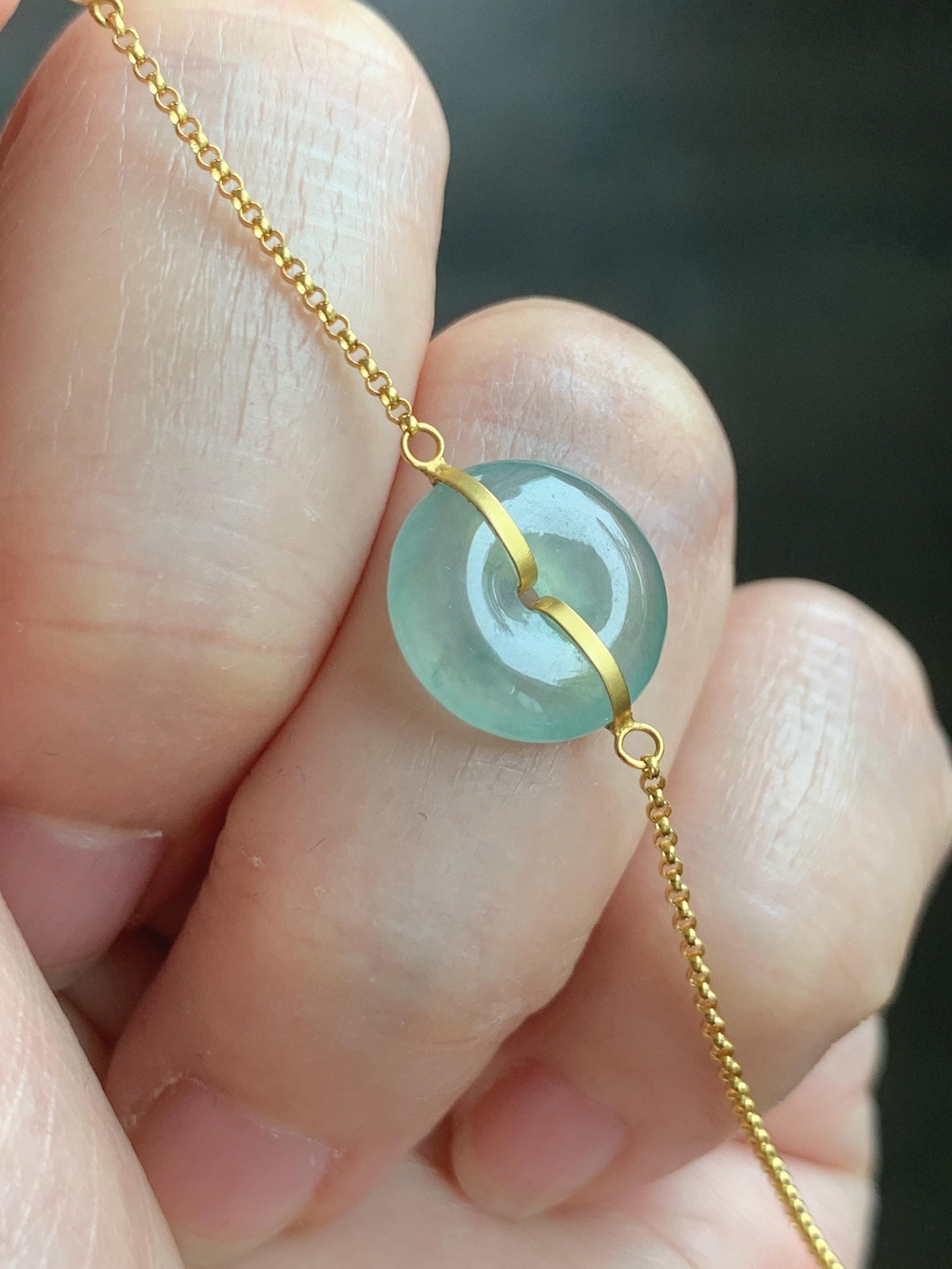 Certified Natural Grade A Icy Translucent Light Green Jade Jadeite Ping An Kou Donut 18K Yellow Gold Bracelet 6.25-6.75” 天然冰晴绿翡翠平安扣镶嵌手链 9461