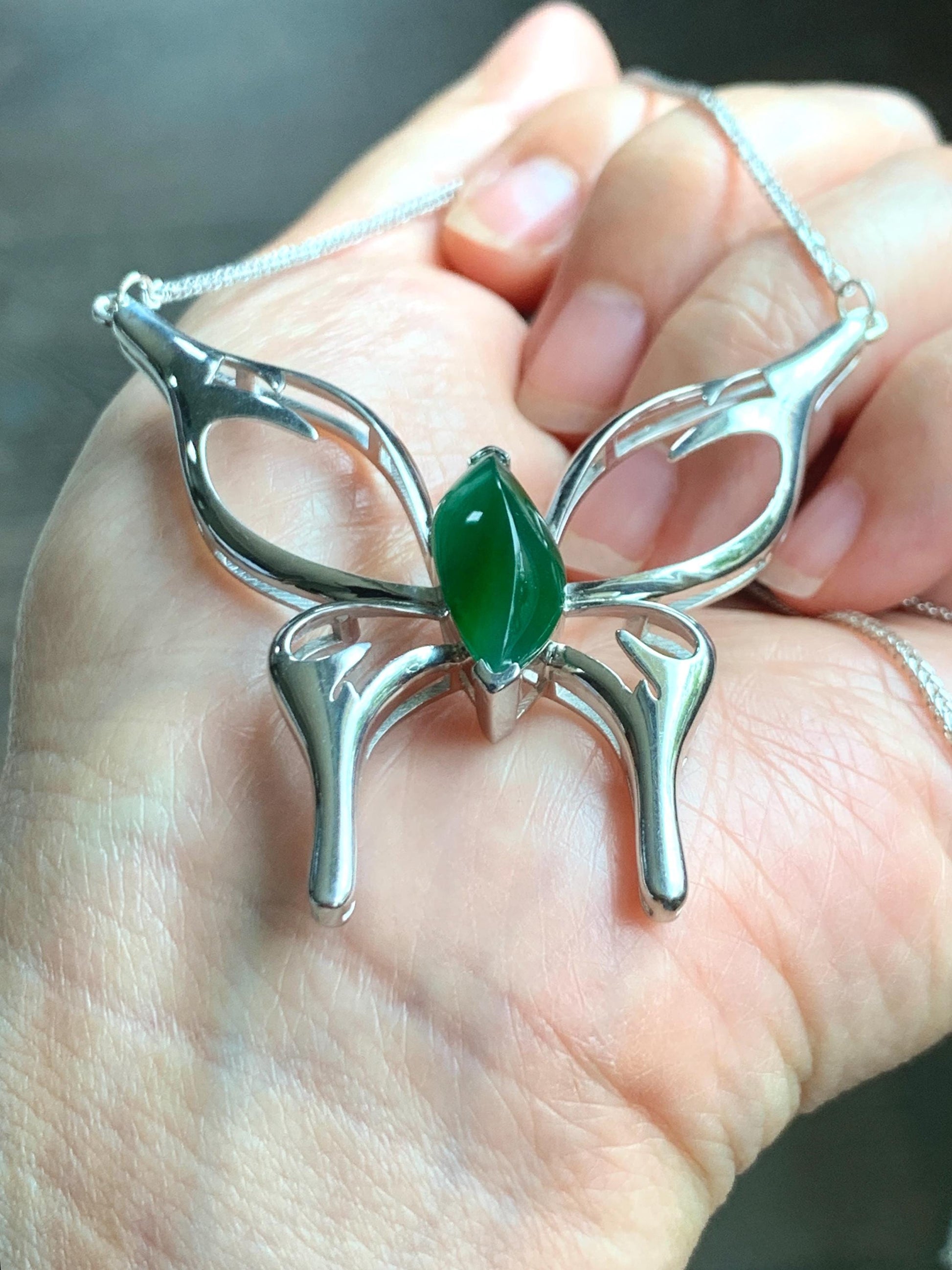 Certified Natural Grade A Guatemalan Icy Translucent Green Jade Jadeite Butterfly Pendant Necklace Sterling Silver 22” 天然冰危绿翡翠蝴蝶镶嵌项链 9458