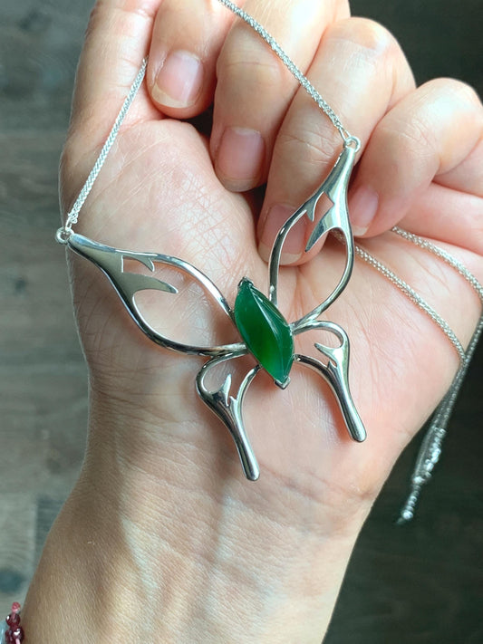 Certified Natural Grade A Guatemalan Icy Translucent Green Jade Jadeite Butterfly Pendant Necklace Sterling Silver 22” 天然冰危绿翡翠蝴蝶镶嵌项链 9458
