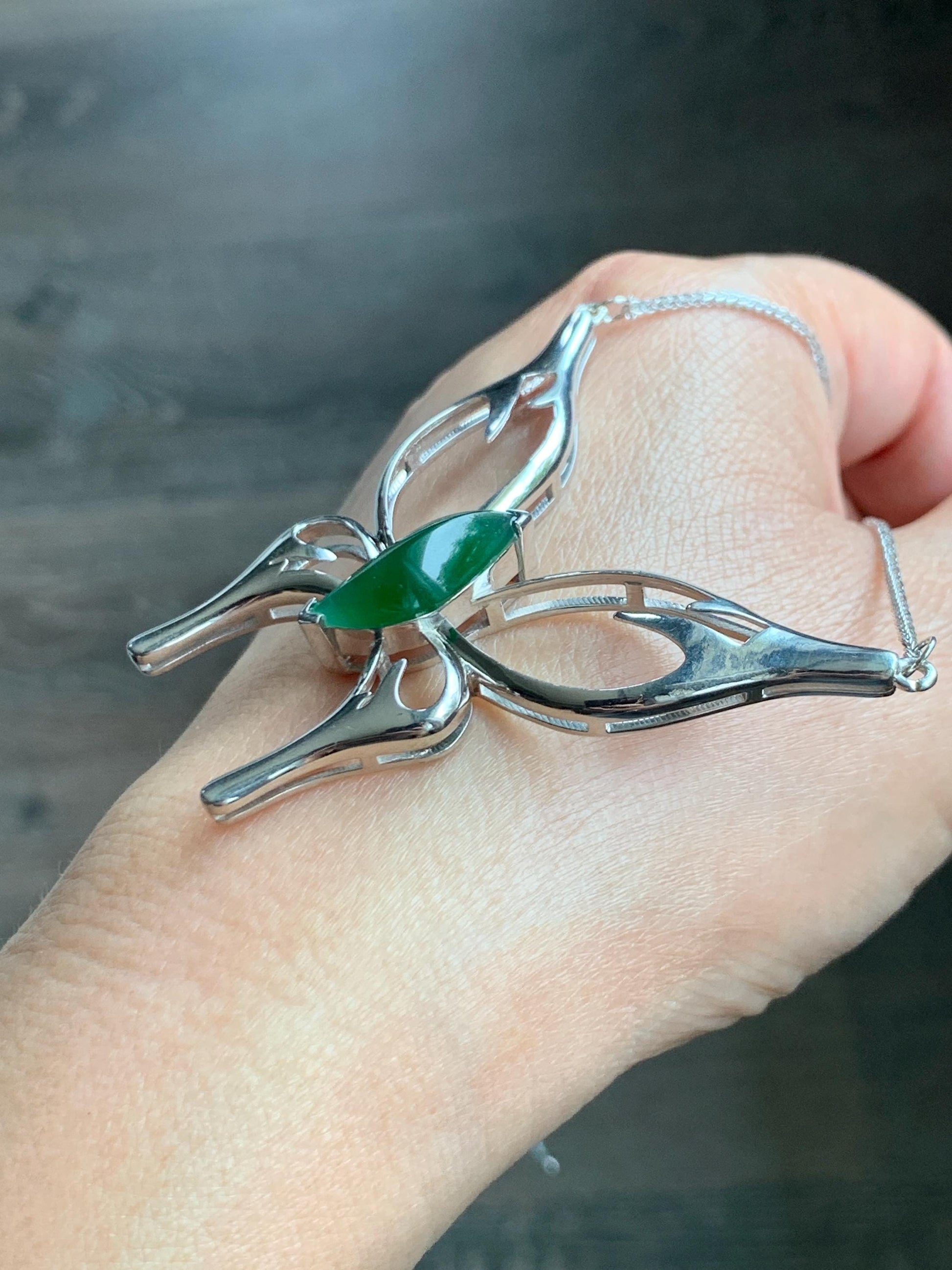 Certified Natural Grade A Guatemalan Icy Translucent Green Jade Jadeite Butterfly Pendant Necklace Sterling Silver 22” 天然冰危绿翡翠蝴蝶镶嵌项链 9458