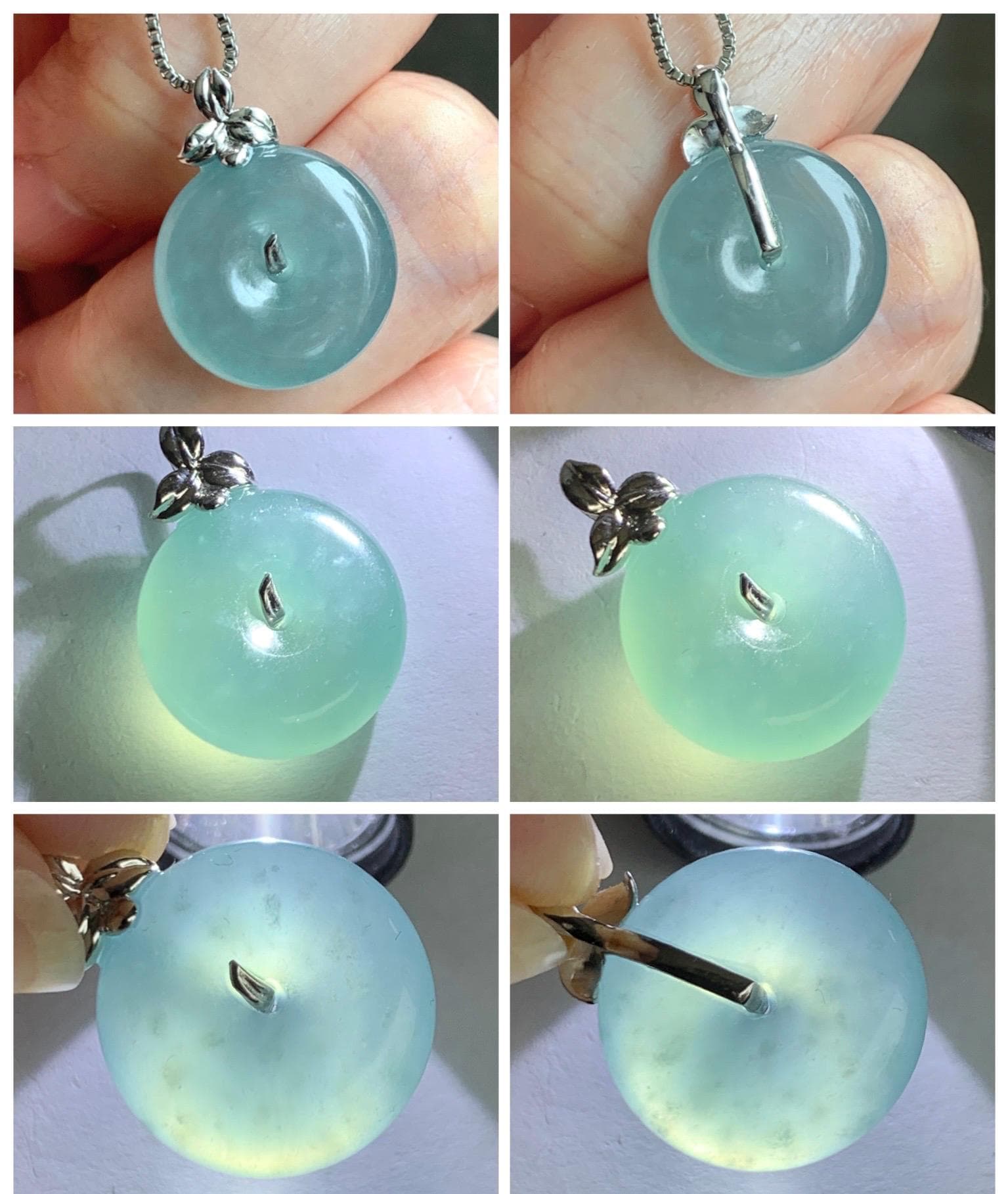 Certified Natural Guatemalan Icy Highly Translucent Teal Blue Jade Jadeite Ping An Kou Donut Pendant 14K White Gold 天然冰危蓝平安扣镶嵌吊坠 9435