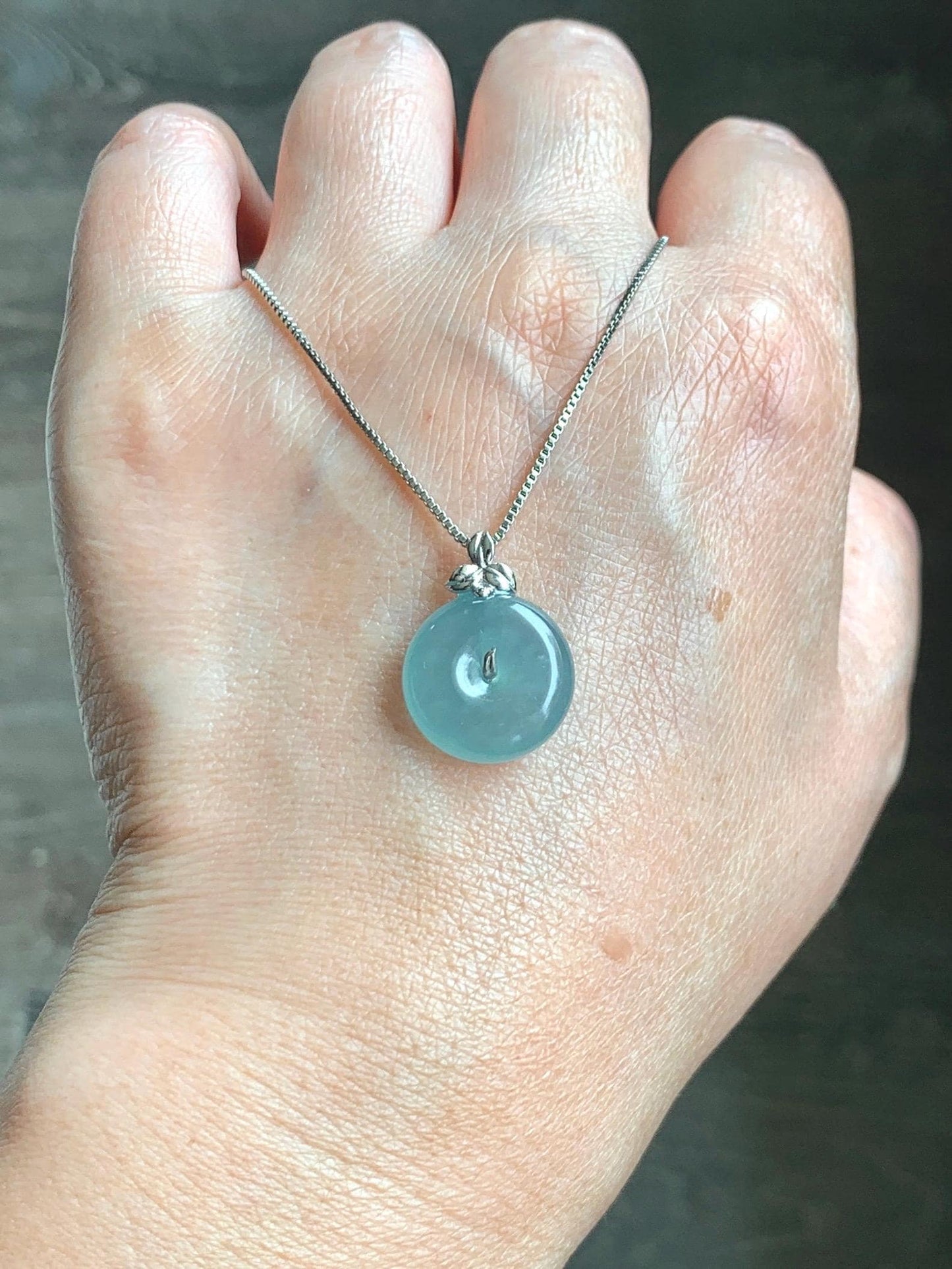 Certified Natural Guatemalan Icy Highly Translucent Teal Blue Jade Jadeite Ping An Kou Donut Pendant 14K White Gold 天然冰危蓝平安扣镶嵌吊坠 9435
