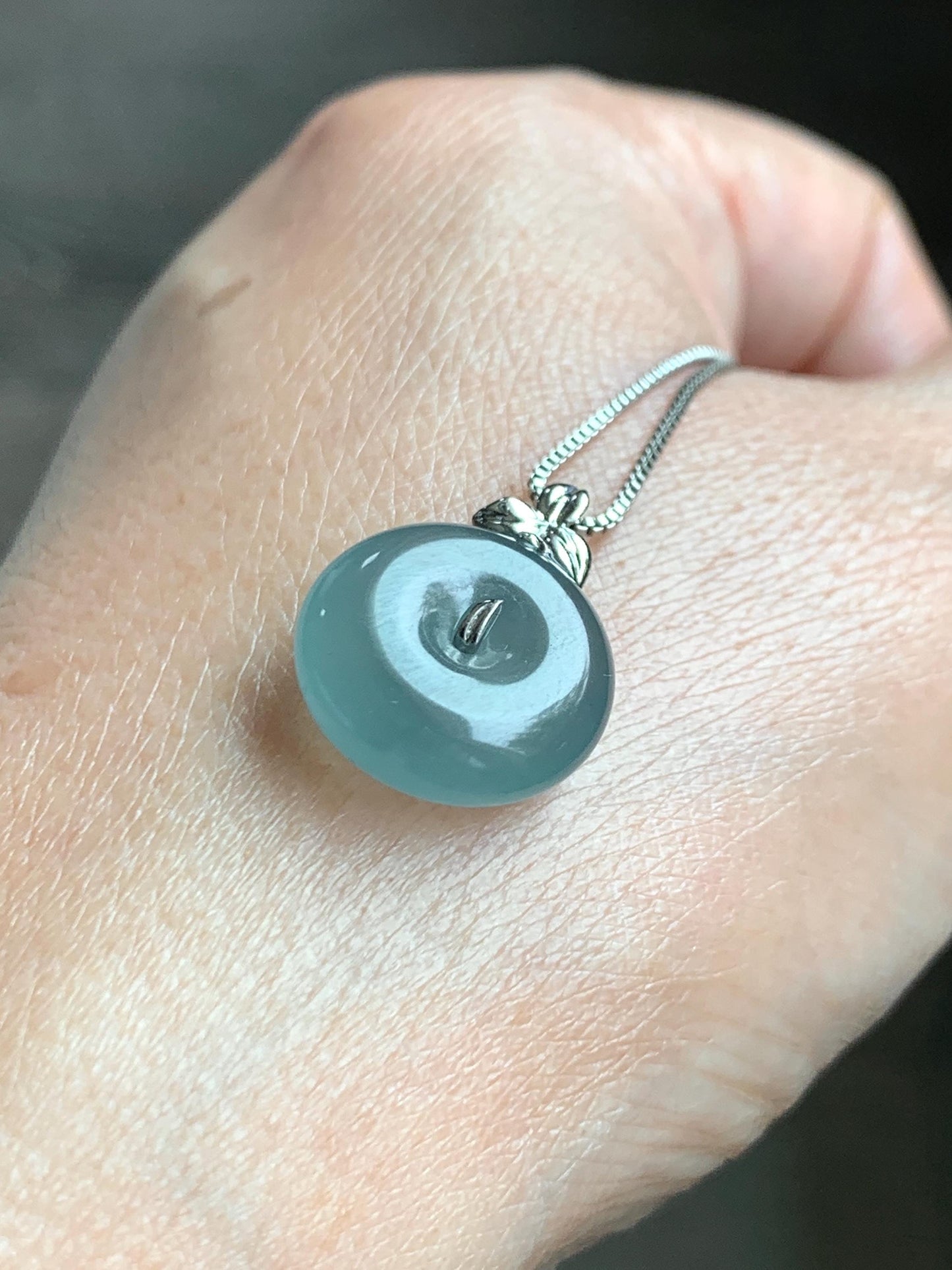 Certified Natural Guatemalan Icy Highly Translucent Teal Blue Jade Jadeite Ping An Kou Donut Pendant 14K White Gold 天然冰危蓝平安扣镶嵌吊坠 9435